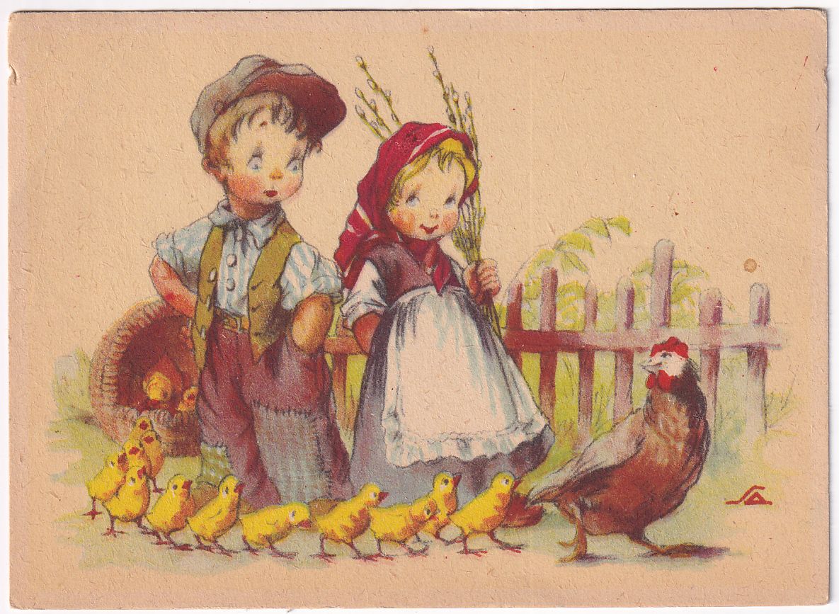 Carte Postale illustrateur Salac a la grande famille rurale poule poussins enfants