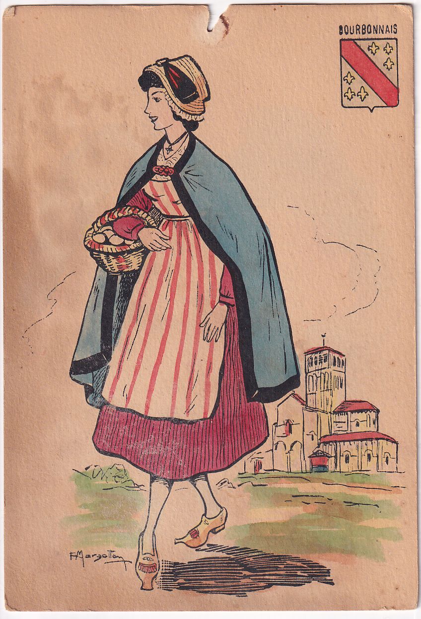 Carte Postale illustrateur folklore bourbonnais peinte a la main jeune femme