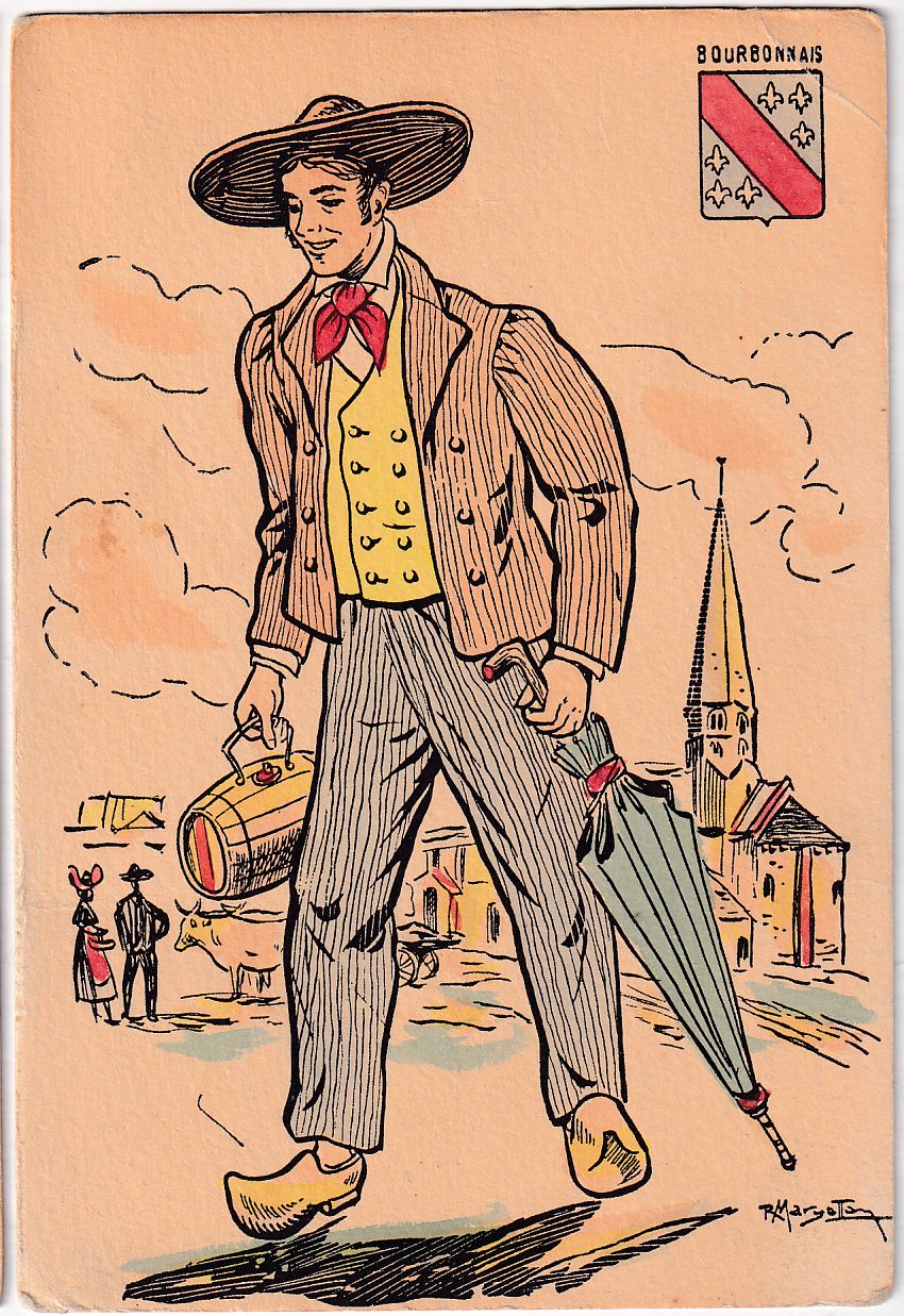 Carte Postale illustrateur folklore bourbonnais peinte a la main homme au tonneau