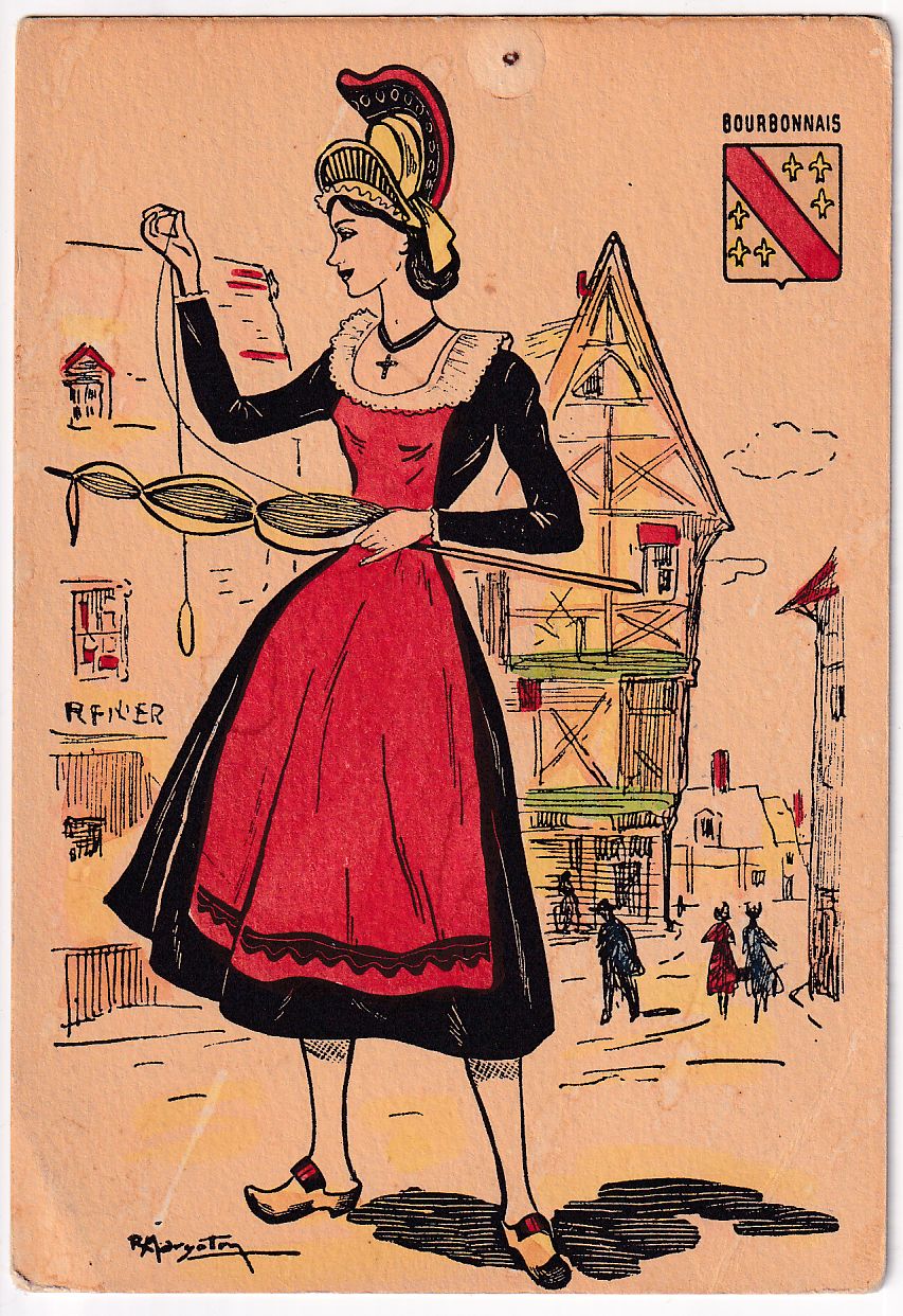 Carte Postale illustrateur folklore bourbonnais peints à la main femme tisseuse