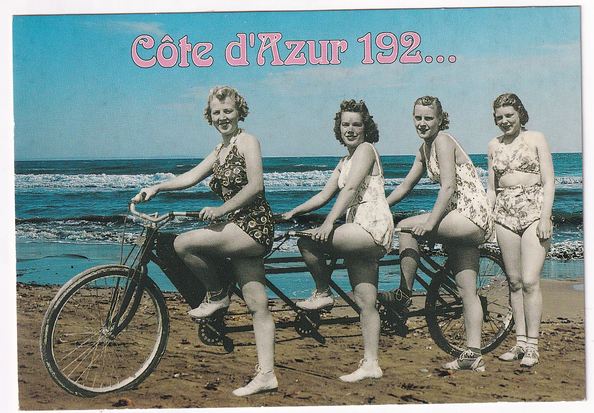 Carte Postale vélo triplette la Côte d'azur des années 20 au bord de mer