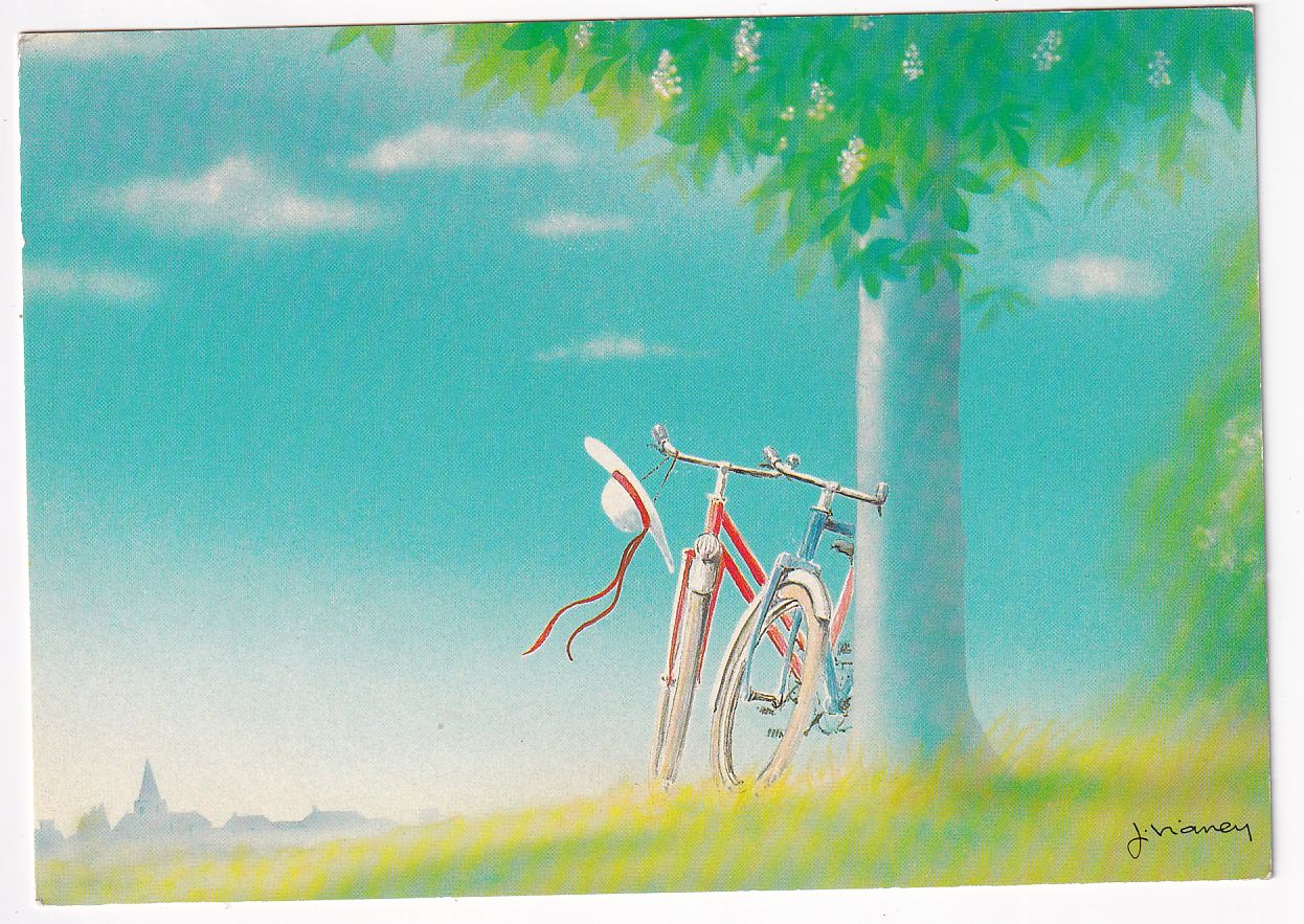 Carte Postale illustrateur J Vianey le printemps velo