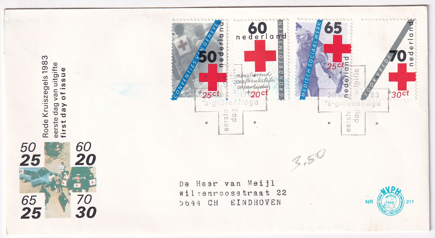 Lettre FDC Pays-Bas croix rouge néerlandaise timbre n° 1206 1207 1208 1209