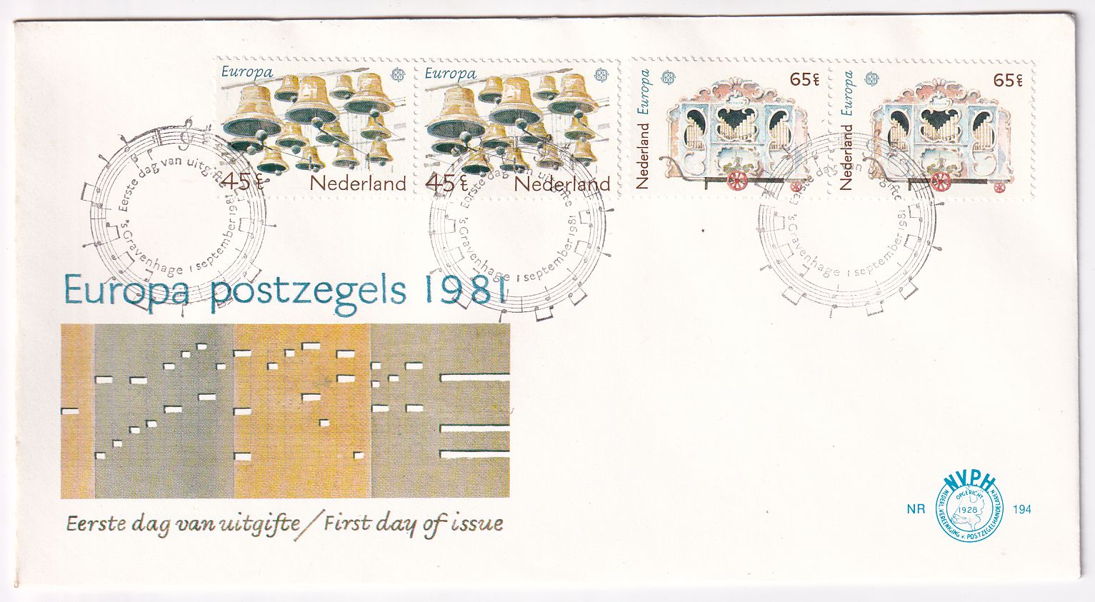 Lettre FDC Pays-Bas Europa instrument de musique Orgue et carillon timbre n° 1156 1157