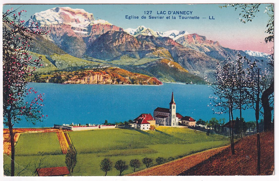 Carte postale lac d'Annecy église de sevrier et la tournette