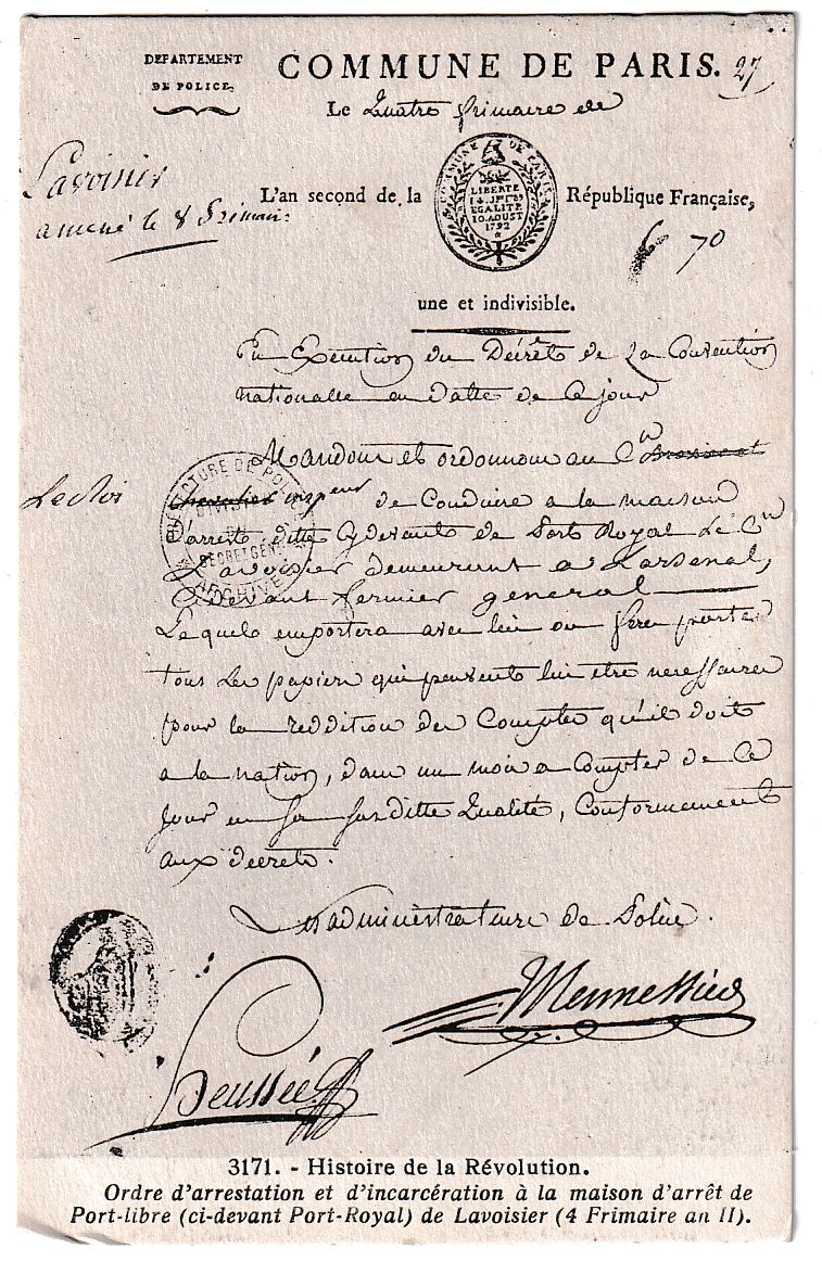 Carte postale révolution française ordre d'arrestation de Lavoisier