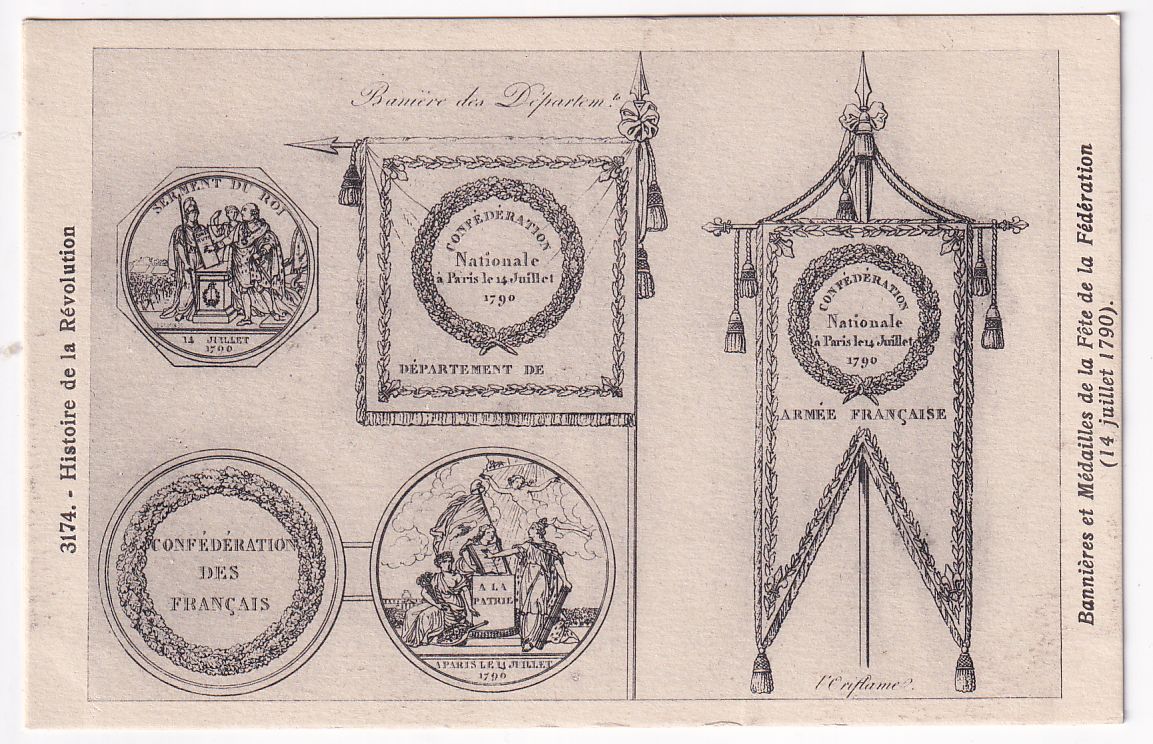 Carte postale Révolution française bannières et médailles de fêtes de la fédération