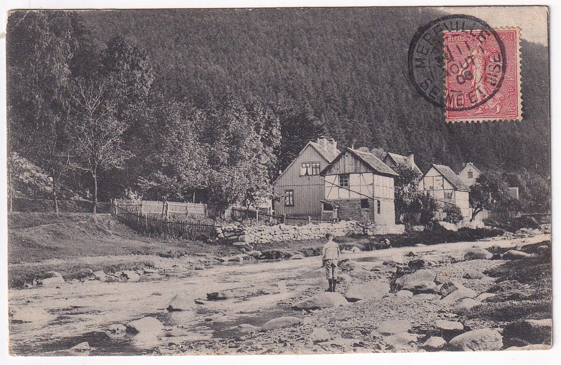 Carte postale cachet Mereville pécheur au bord de la rivière à identifier