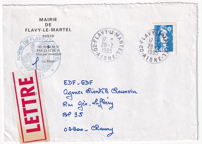 Lettre Mairie de Flavy le Martal pour Chauny 1995