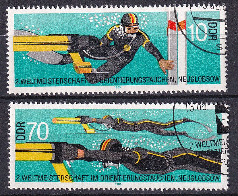 Timbre Allemagne Orientale n° 2585 et 2586 obl série course d'orientation en plongée sous marine