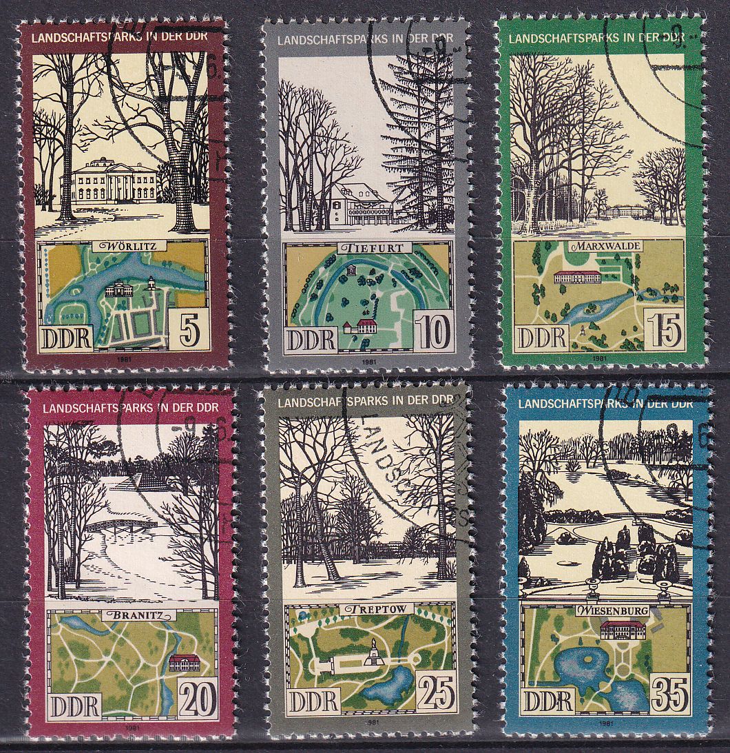 Timbre Allemagne Orientale n° 2266 au 2271 obl série paysages des parcs de la RDA Worlitz, Tiefurt, Marxwalde, Branitz; Treptow, Wiesenburg