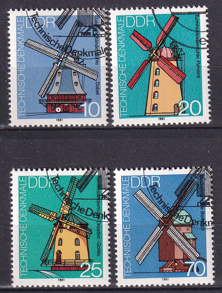 Timbre Allemagne Orientale n° 2312 au 2315 obl série anciens moulins a vent Dabel, Pahrenz, Dresde-Gohliso, Ballstadt