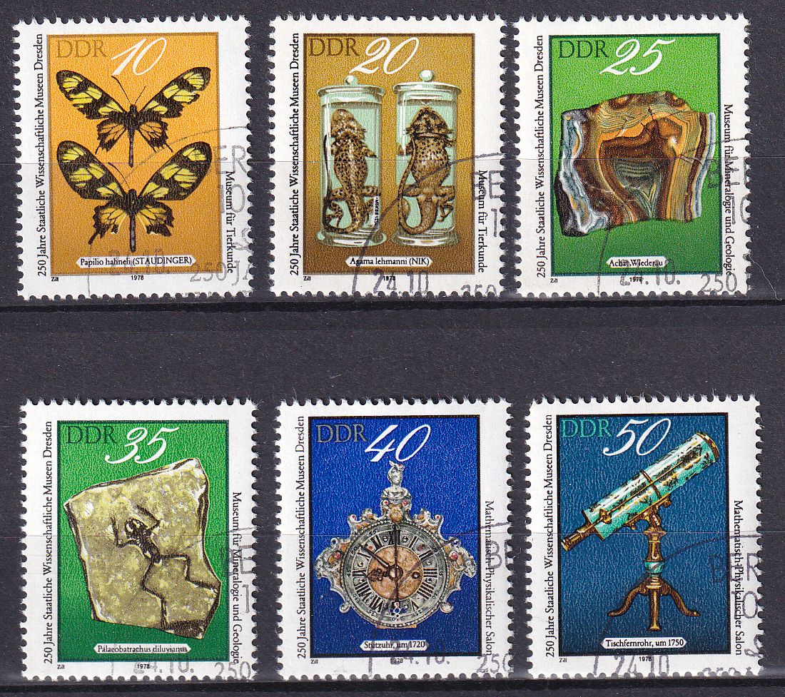 Timbre Allemagne Orientale n° 2038 au 2043 obl série Musée des sciences de Dresde sujet divers papillon fossile astrologie