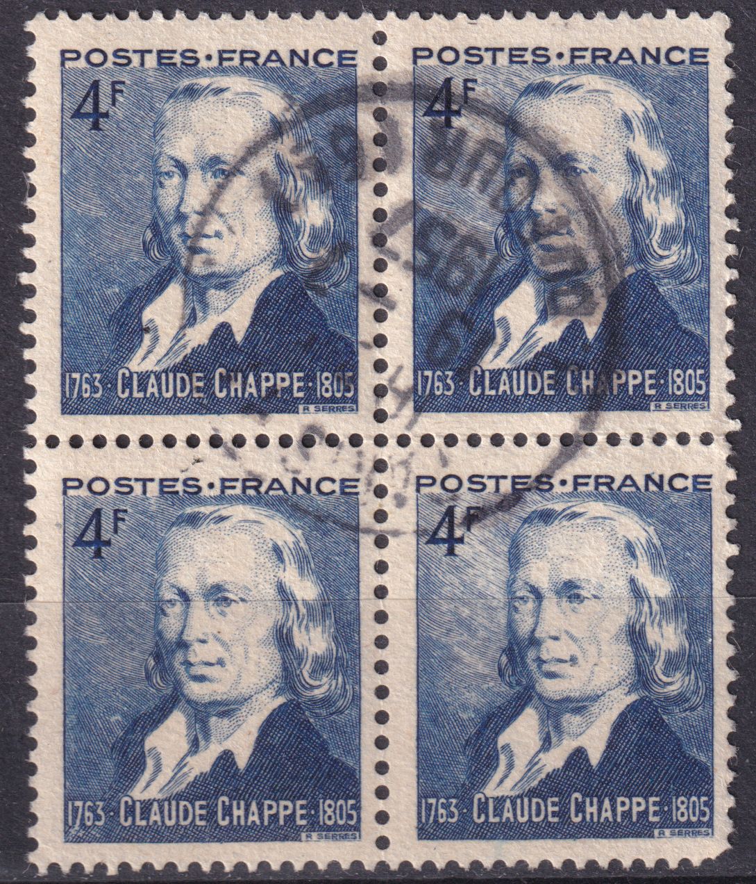 Timbre France n° 619 bloc de 4 obl Claude Chappe ingénieur télégraphe optique
