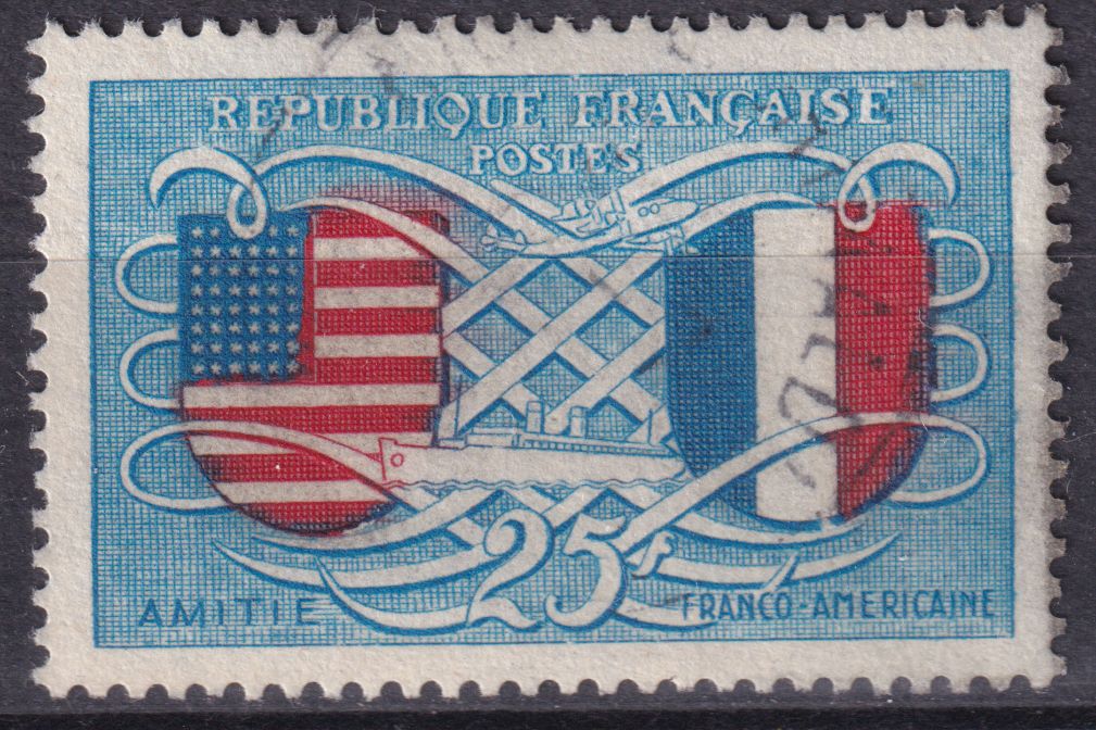 Timbre France n° 840 obl drapeaux des états unis et de la France