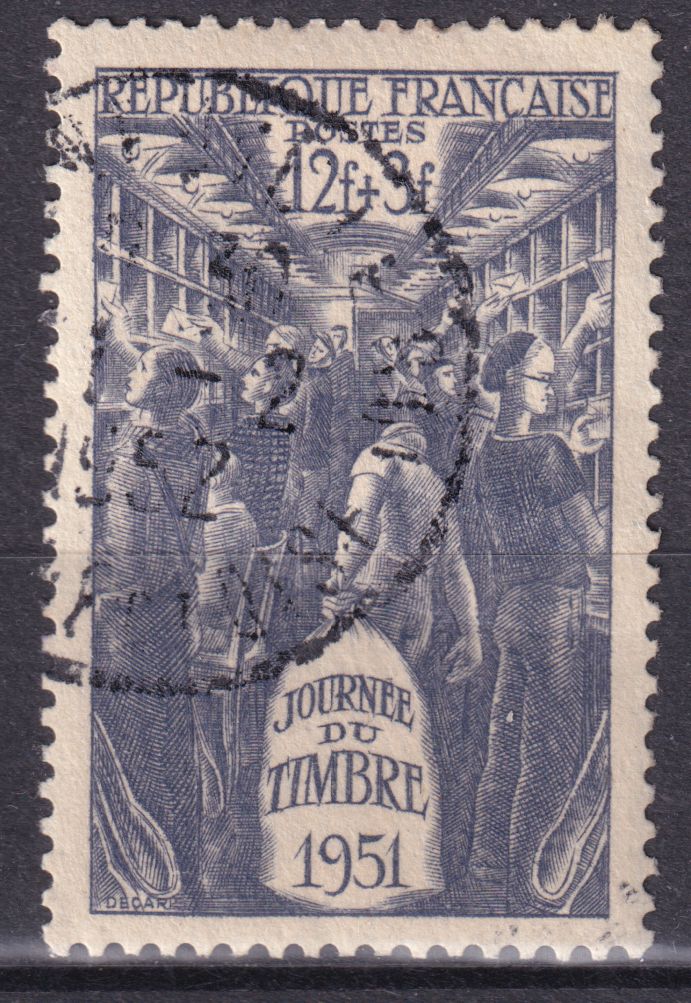 Timbre France n° 879 obl journée du timbre interieur d'un wagon-poste