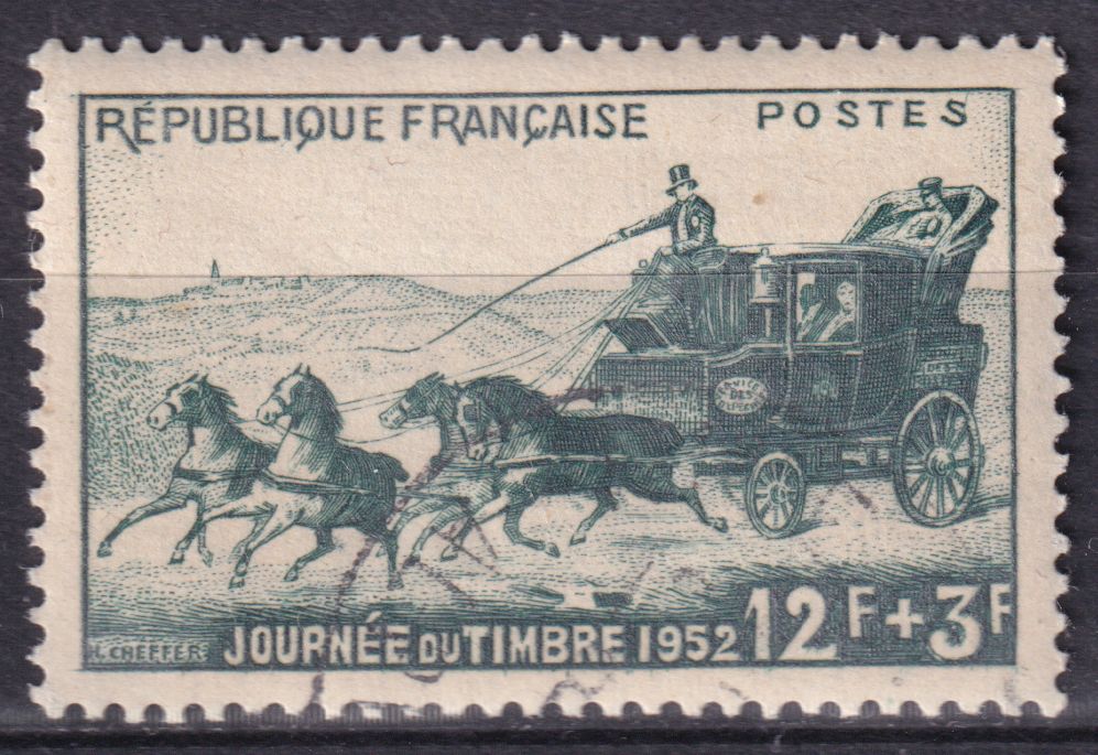 Timbre France n° 919 obl journée du timbre malle poste attelage de cheveaux