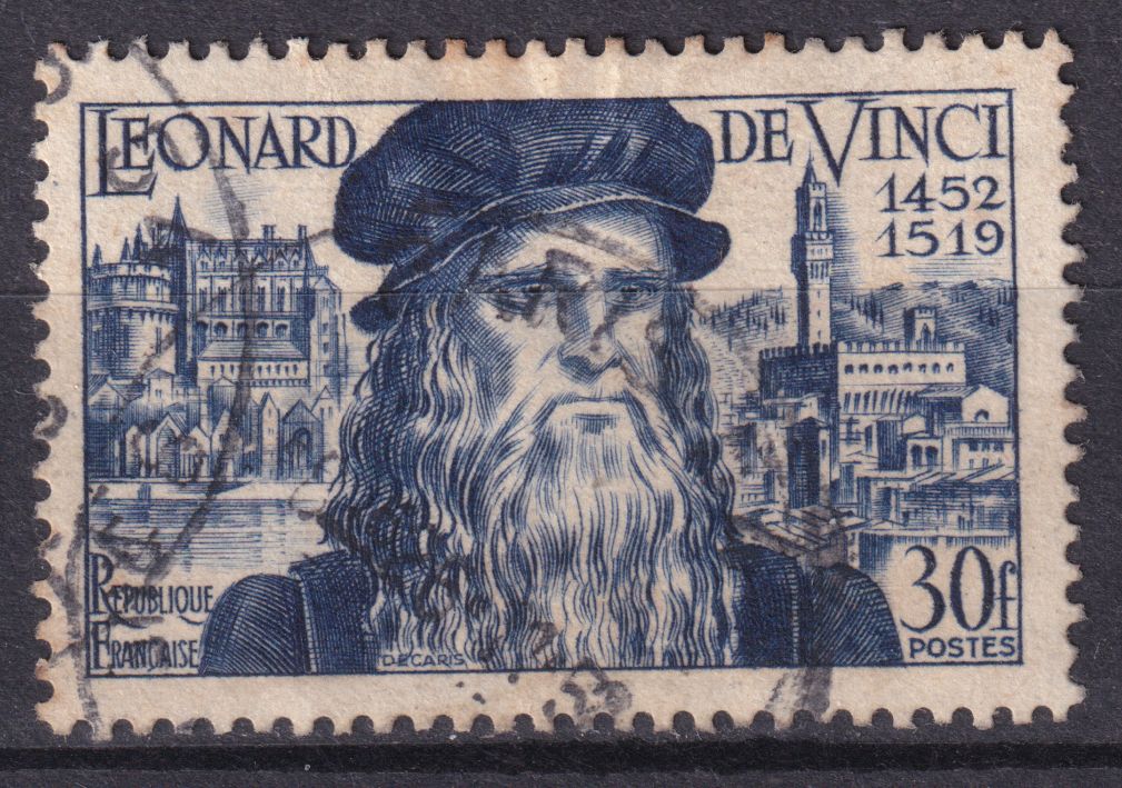 Timbre France n° 929 obl Léonard de Vinci château d'Amboise et vue de Florence