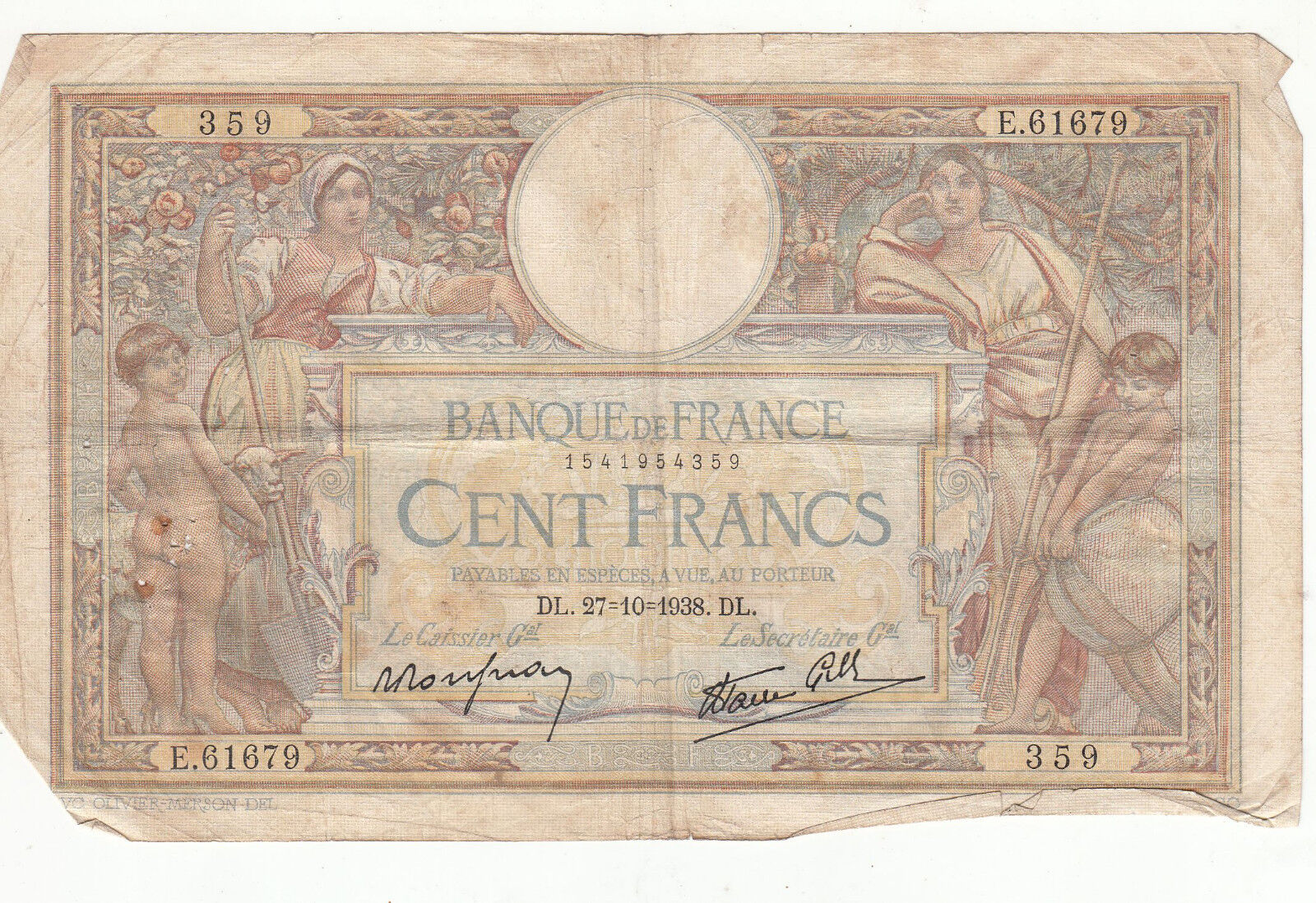 BILLET FRANCE 100 FRANCS MERSON 27 10 1938 DL 401286780050