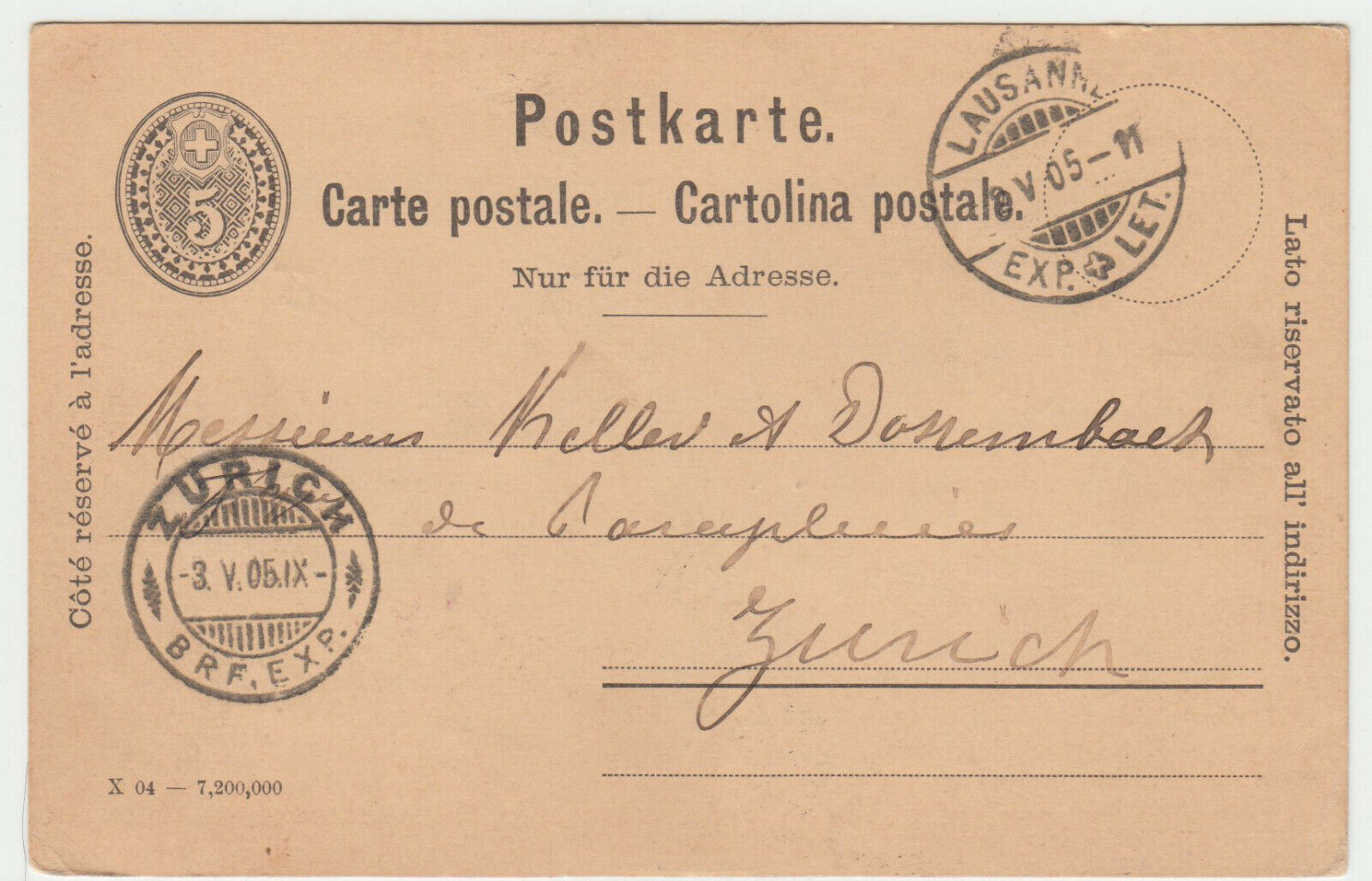 CARTE ENTIER POSTALE 1905 SUISSE LAUSANNE POUR ZURICH 124710084830