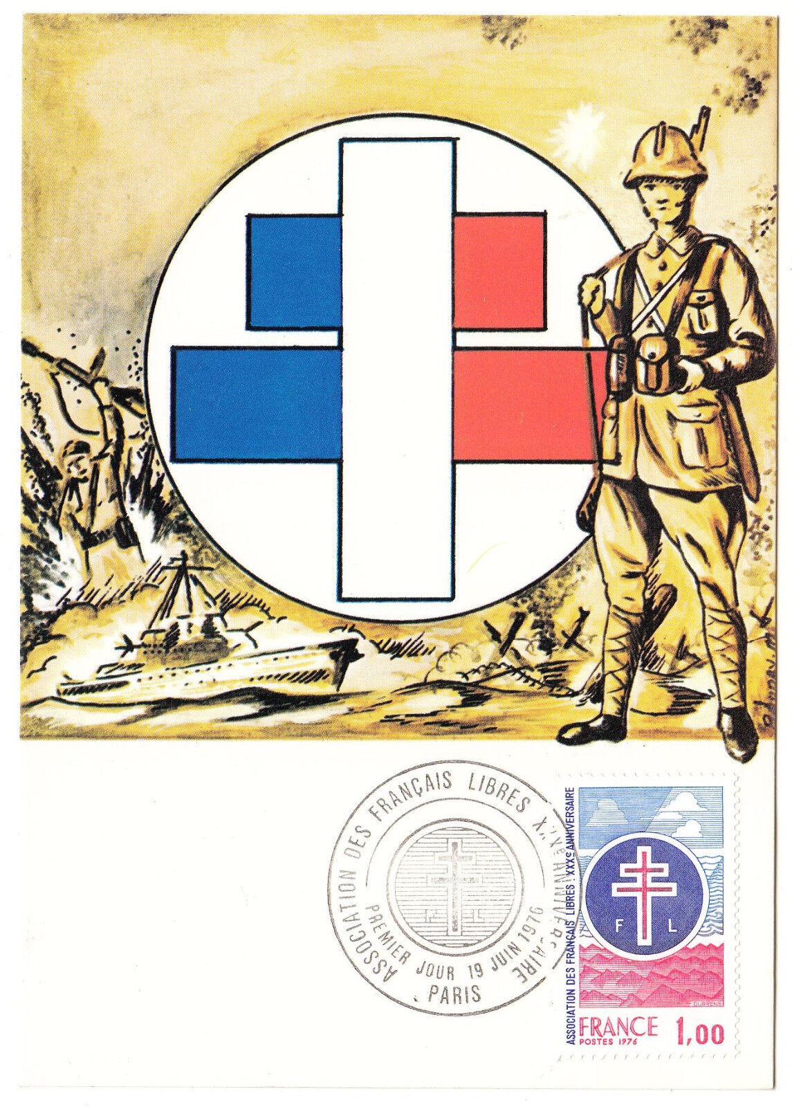 CARTE MAXIMUM FDC 1976 TIMBRE N 1885 ASSOCIATION DES FRANCAIS LIBRES MILITAIRE 122774908140