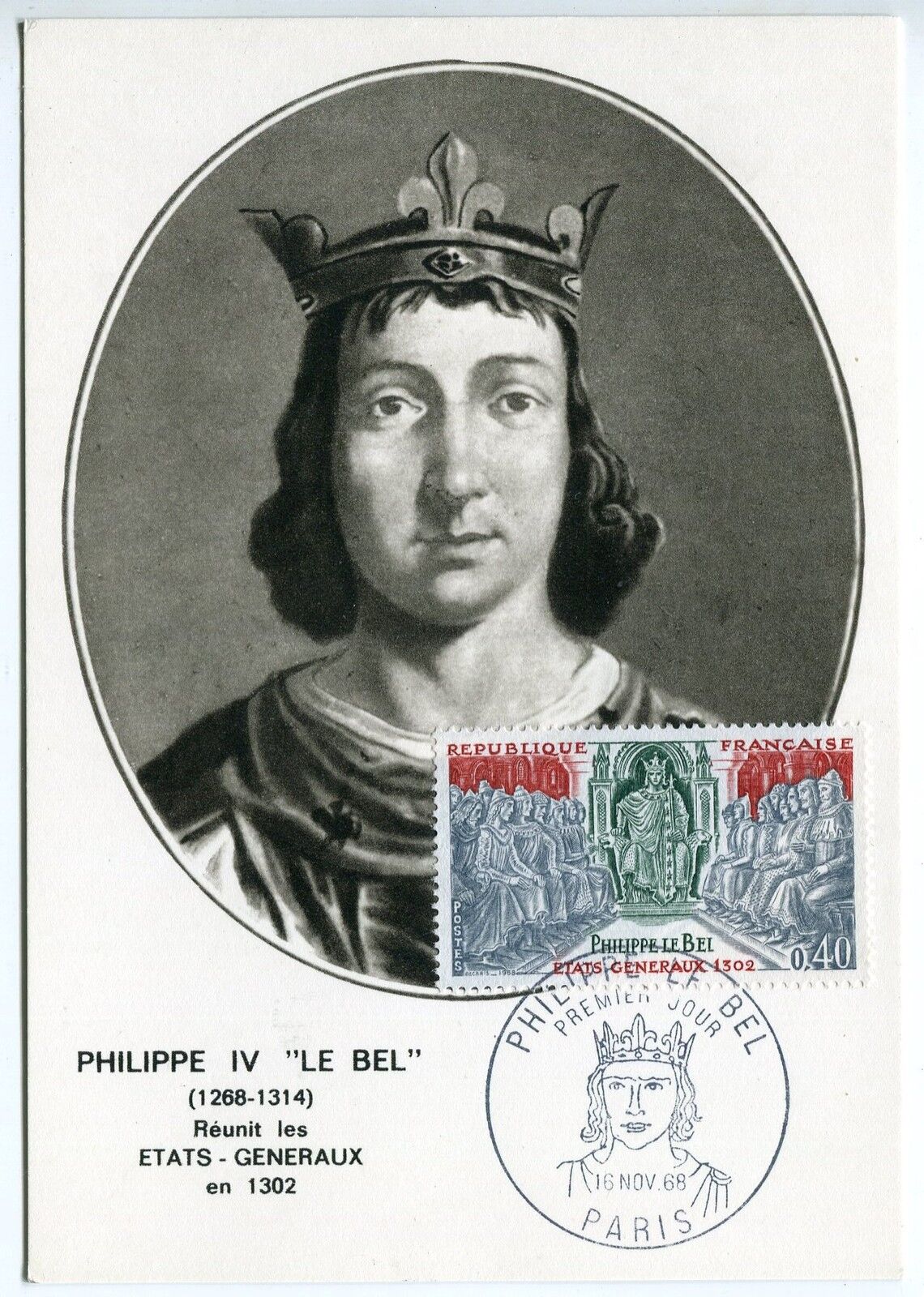 CARTE PHILATELIQUE PHILIPPE IV LE BEL PARIS 1968 ETATS GENERAUX 1302 400749022260