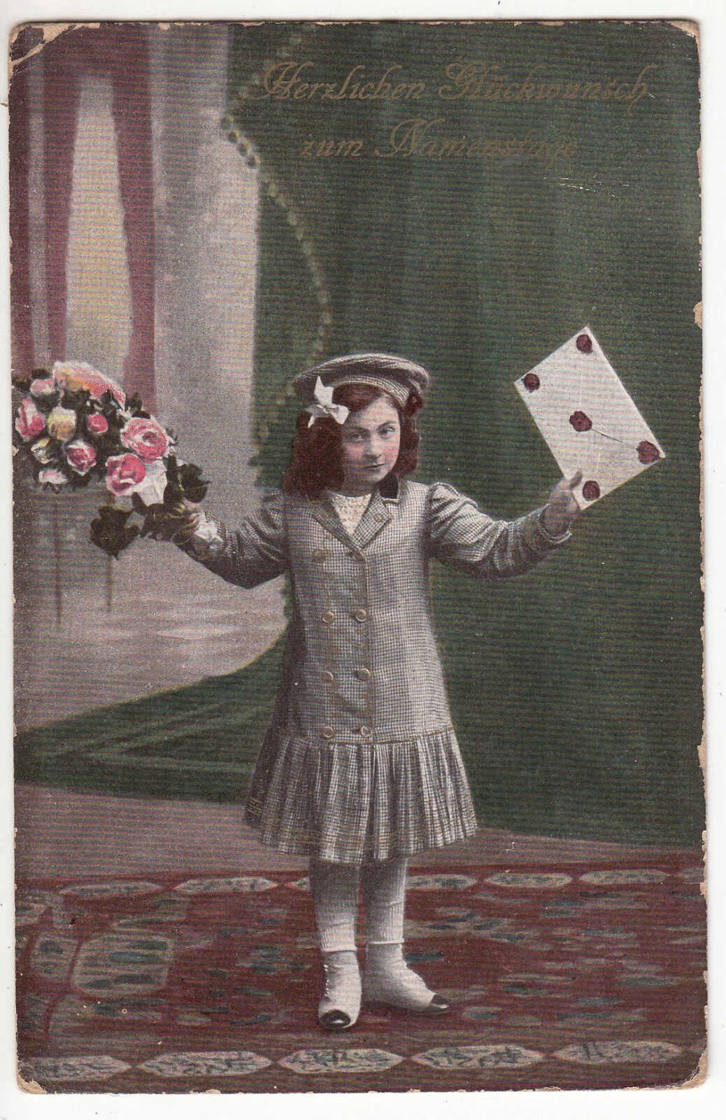 CARTE POSTALE FANTAISIE ALLEMAGNE JEUNNE FILLE BOUQUET DE FLEUR ET LETTRE 122265282600