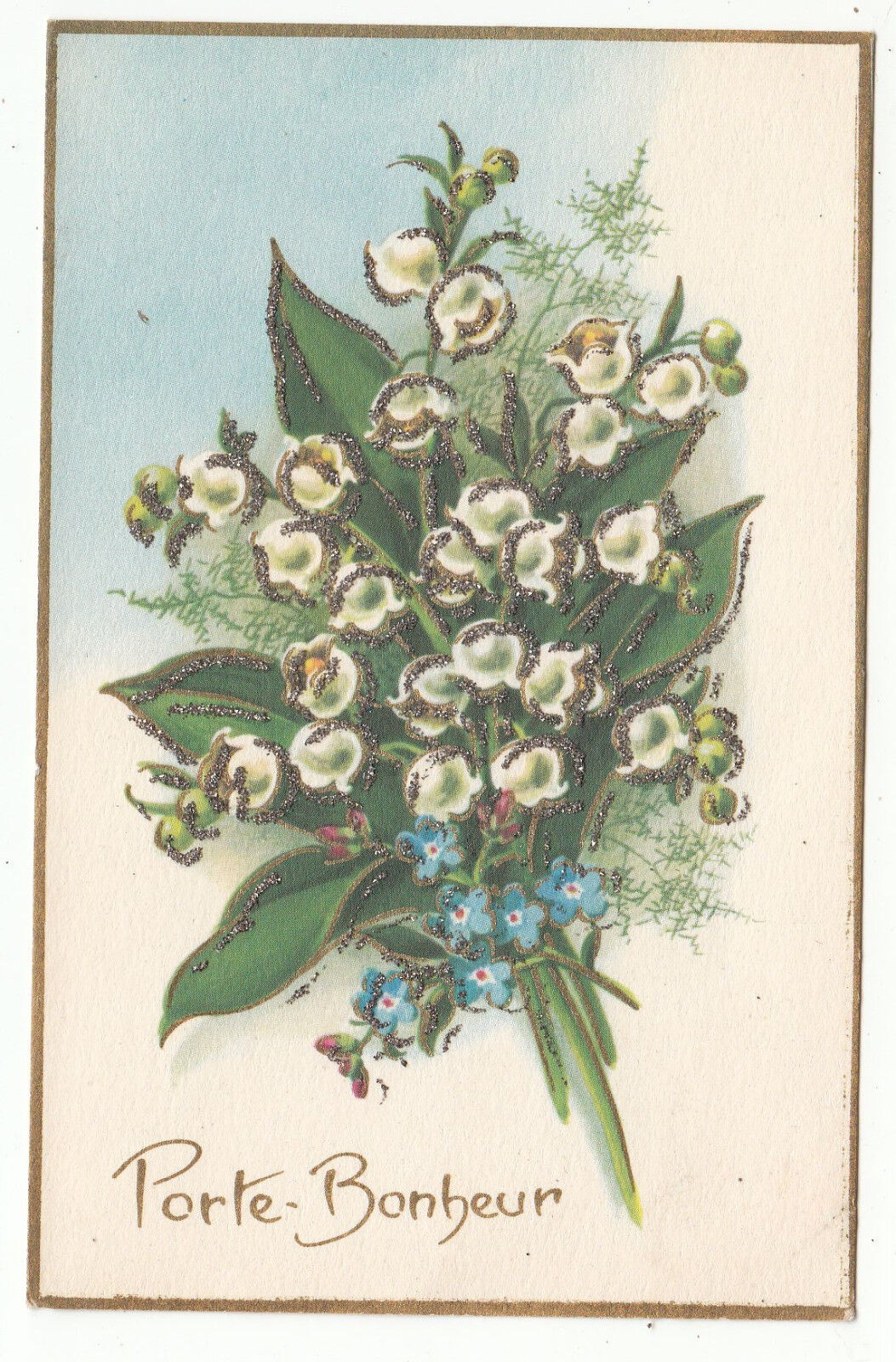 CARTE POSTALE FANTAISIE PORTE BONHEUR BOUQUET DE MUGUET PAILLETTE 401403587010