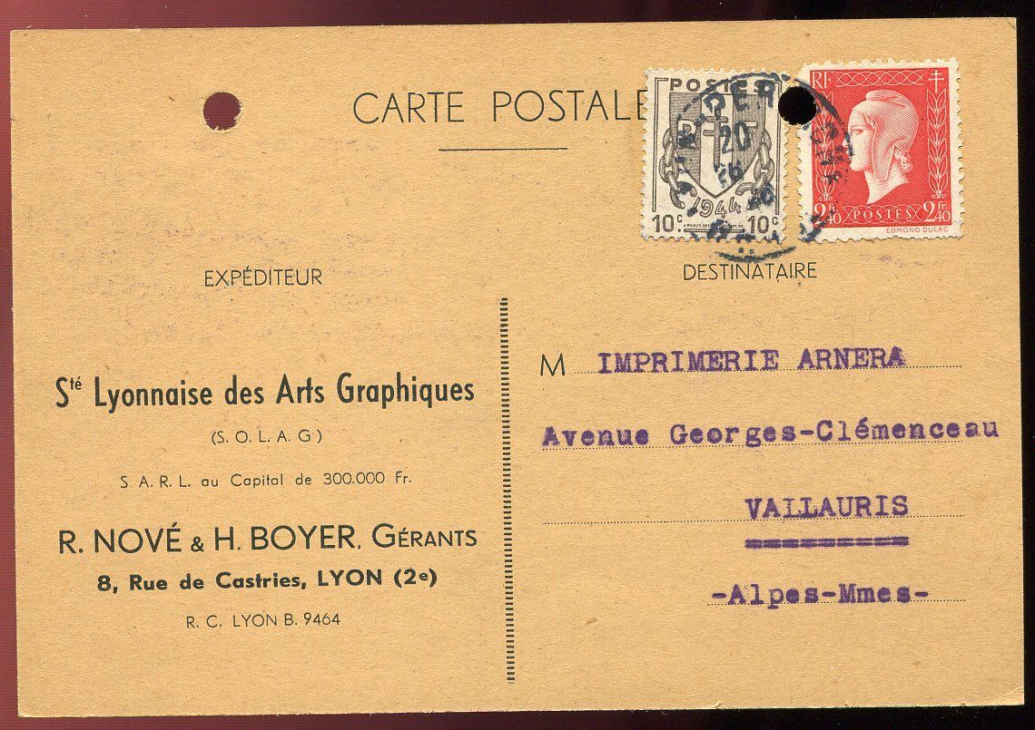 CARTE POSTALE LYON POUR VALLAURIS 1946 110781849090