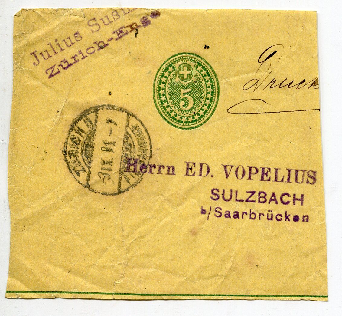 DEBANT DE LETTRE ENTIER POSTALE SUISSE ZURICH ENGE POUR SAARBRUCKEN 400640616610