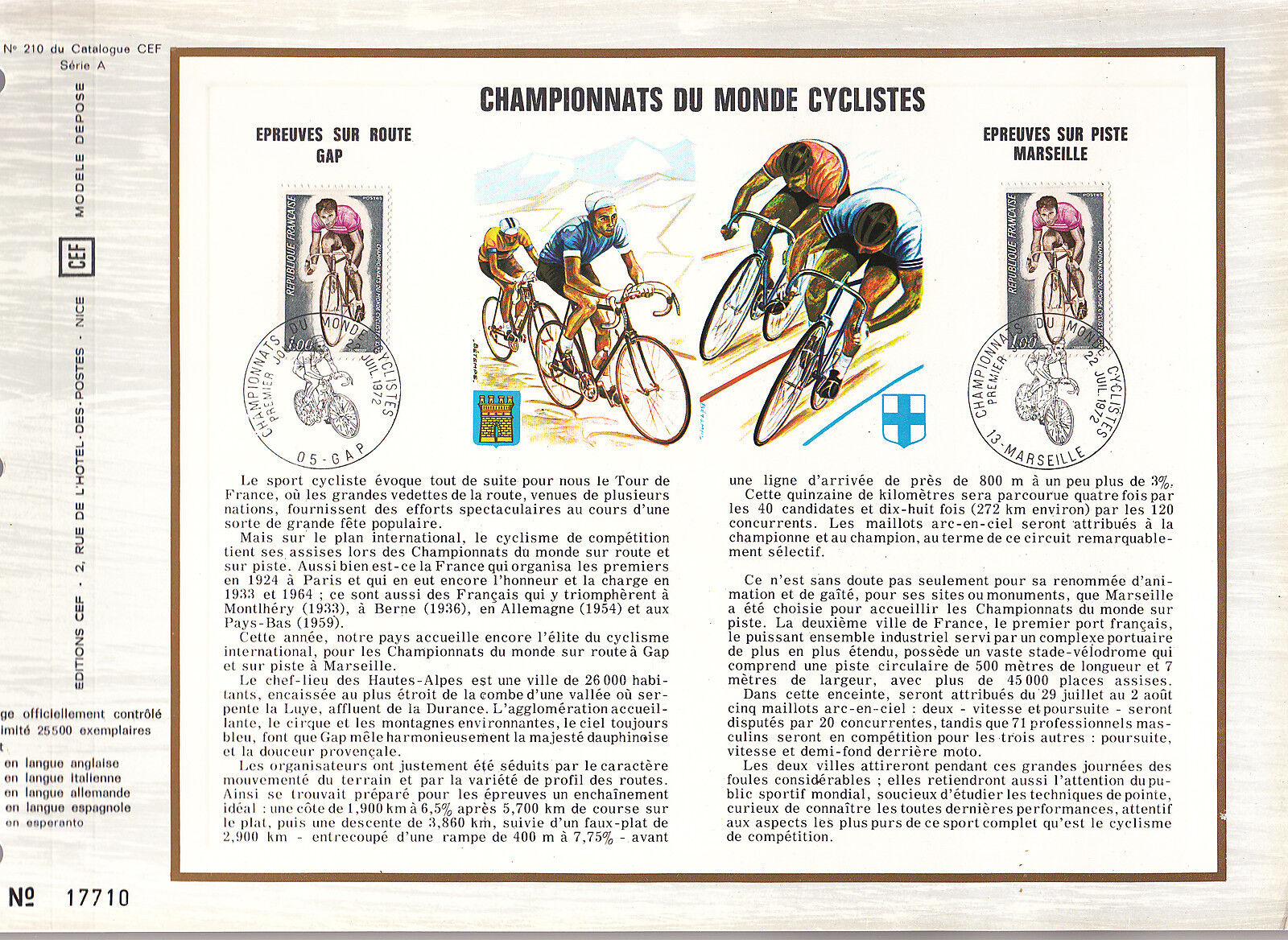 DOCUMENT CEF PREMIER JOUR 1972 CHAMPIONNATS DU MONDE CYCLISTES 121072656270