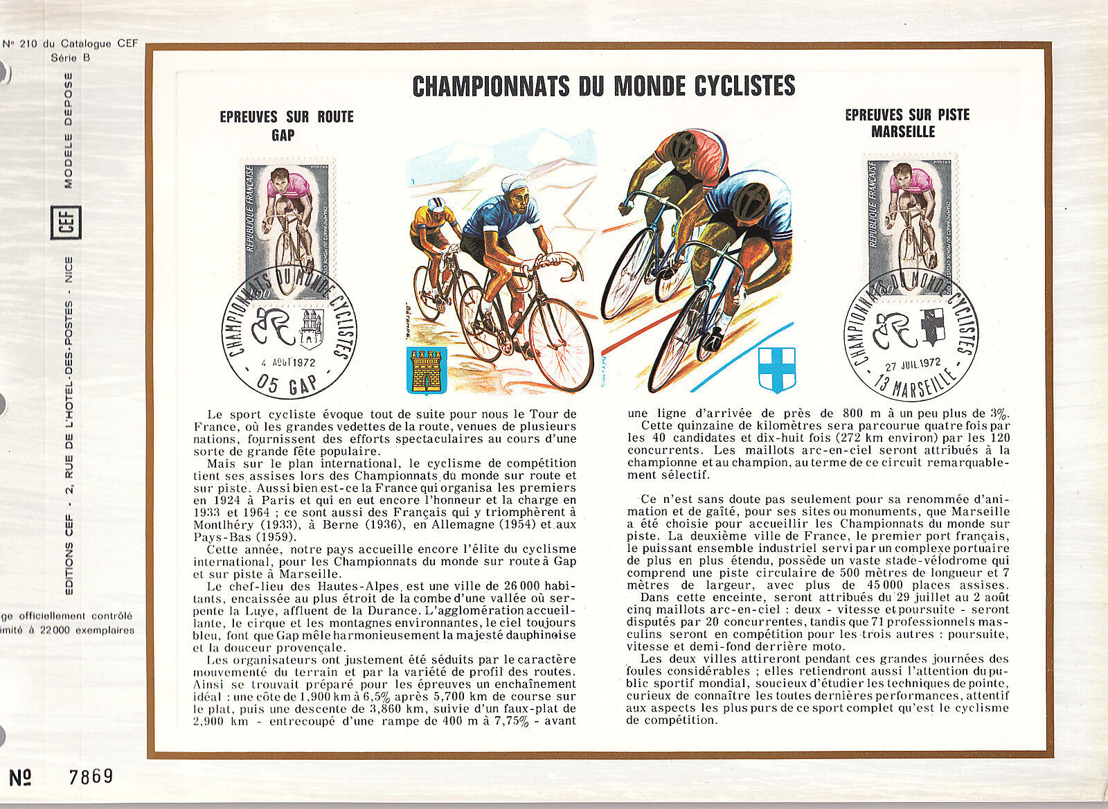 DOCUMENT CEF PREMIER JOUR 1972 CHAMPIONNATS DU MONDE CYCLISTES 400421664400