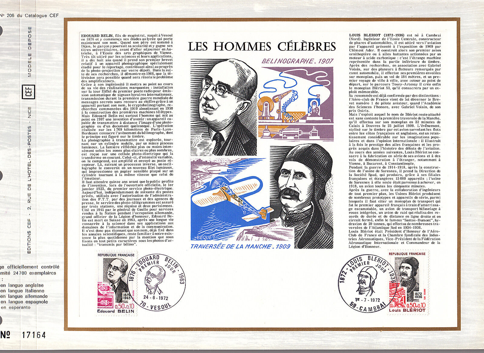 DOCUMENT CEF PREMIER JOUR 1972 HOMMES CELEBRES EDOUARD BELIN LOUIS BLERIOT 400421665710