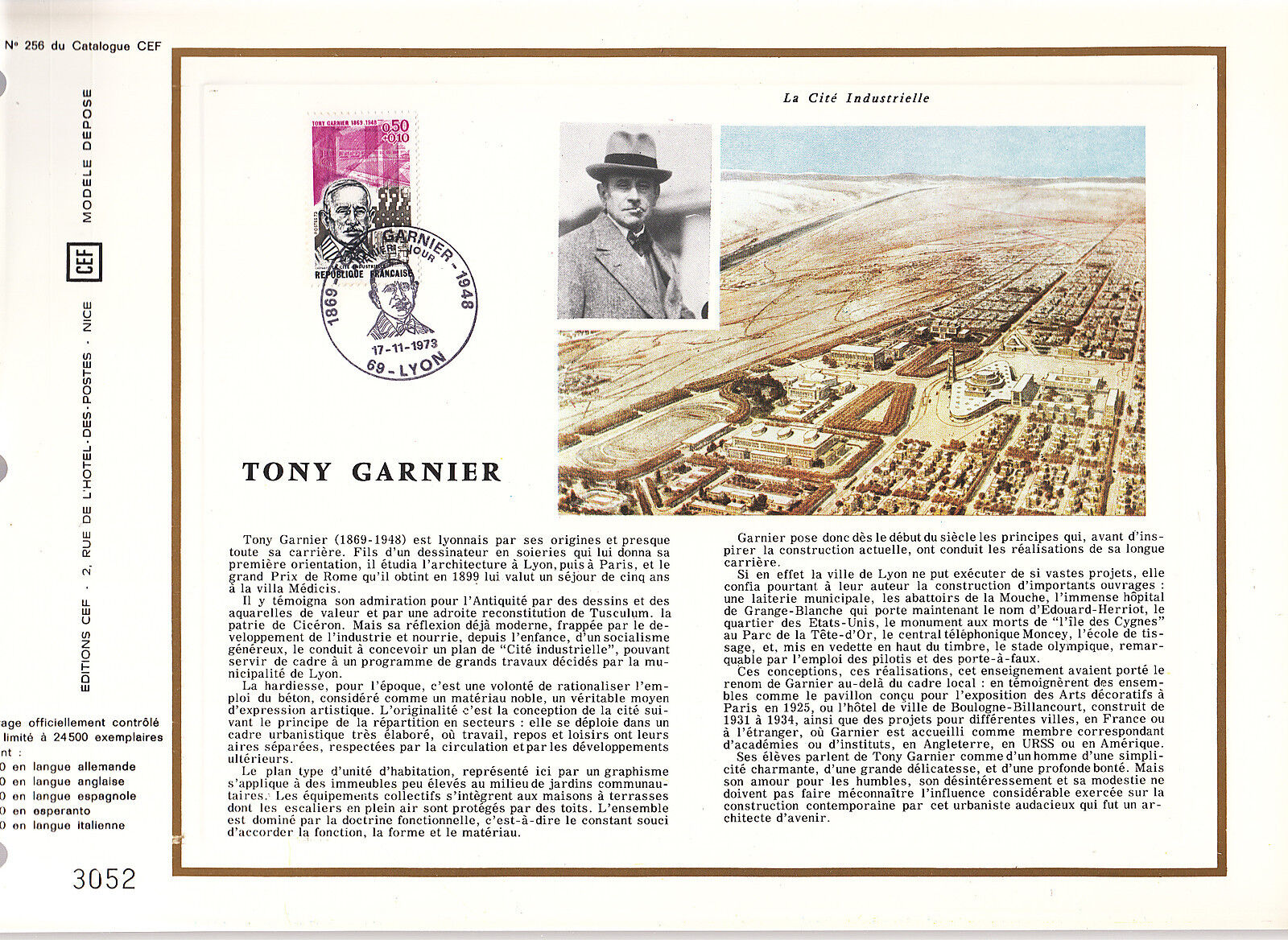 DOCUMENT CEF PREMIER JOUR 1973 TONY GARNIER 400421690140