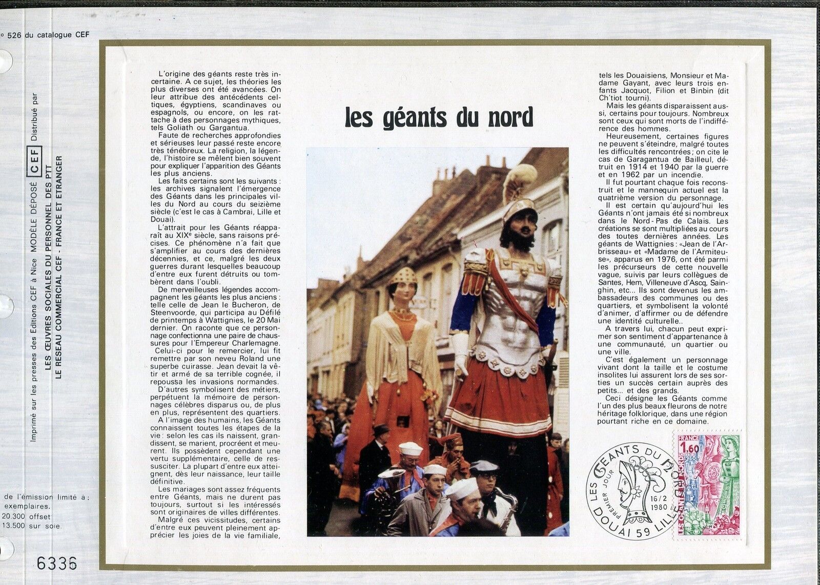 DOCUMENT CEF PREMIER JOUR 1980 TIMBRE N 2076 LES GEANTS DU NORD 400802554530