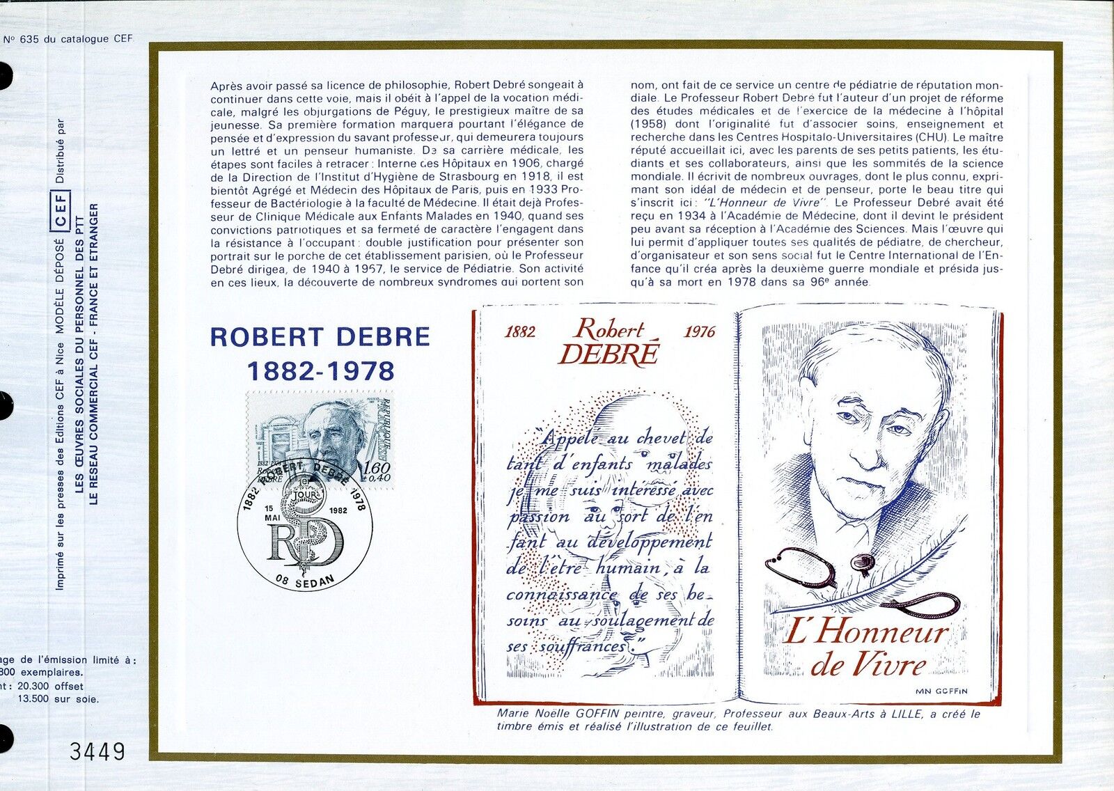 DOCUMENT CEF PREMIER JOUR 1982 TIMBRE N 2228 ROBERTR DEBRE PEDIATRE 401548462280