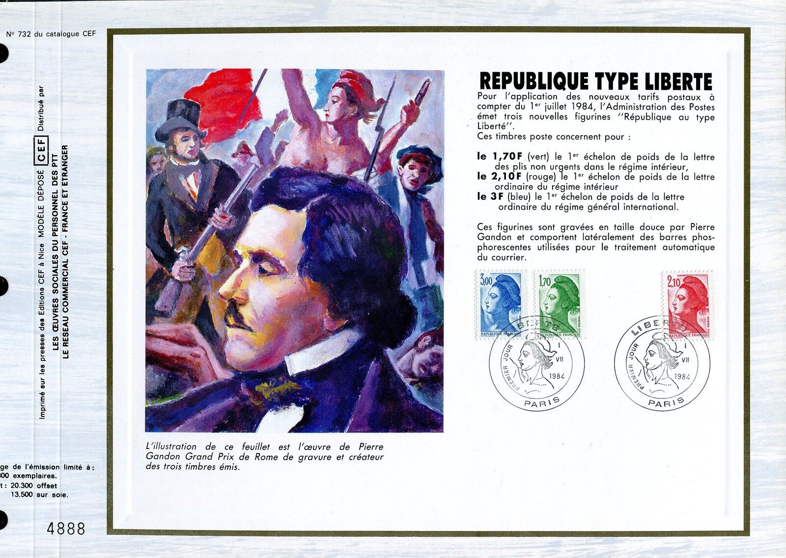 DOCUMENT CEF PREMIER JOUR 1984 TIMBRE N 2318 2319 2320 TYPE LIBERTE 400795128500