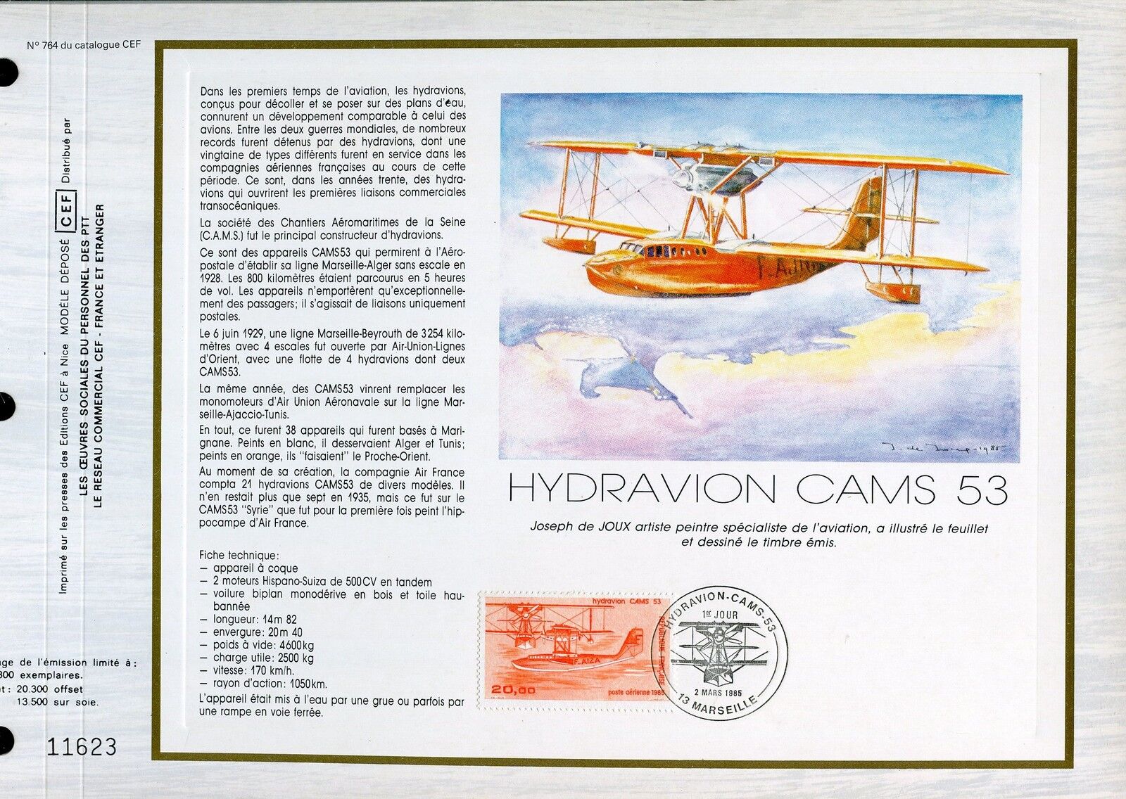 DOCUMENT CEF PREMIER JOUR 1984 TIMBRE PA N 58 HYDRAVION CAMS 53 121470263170