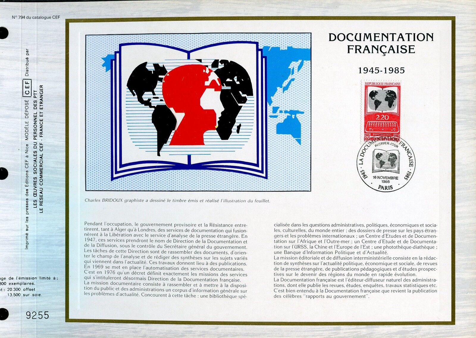 DOCUMENT CEF PREMIER JOUR 1985 TIMBRE N 2391 LIVRE ET PLANISPHERE ORDINATEUR 121470276230