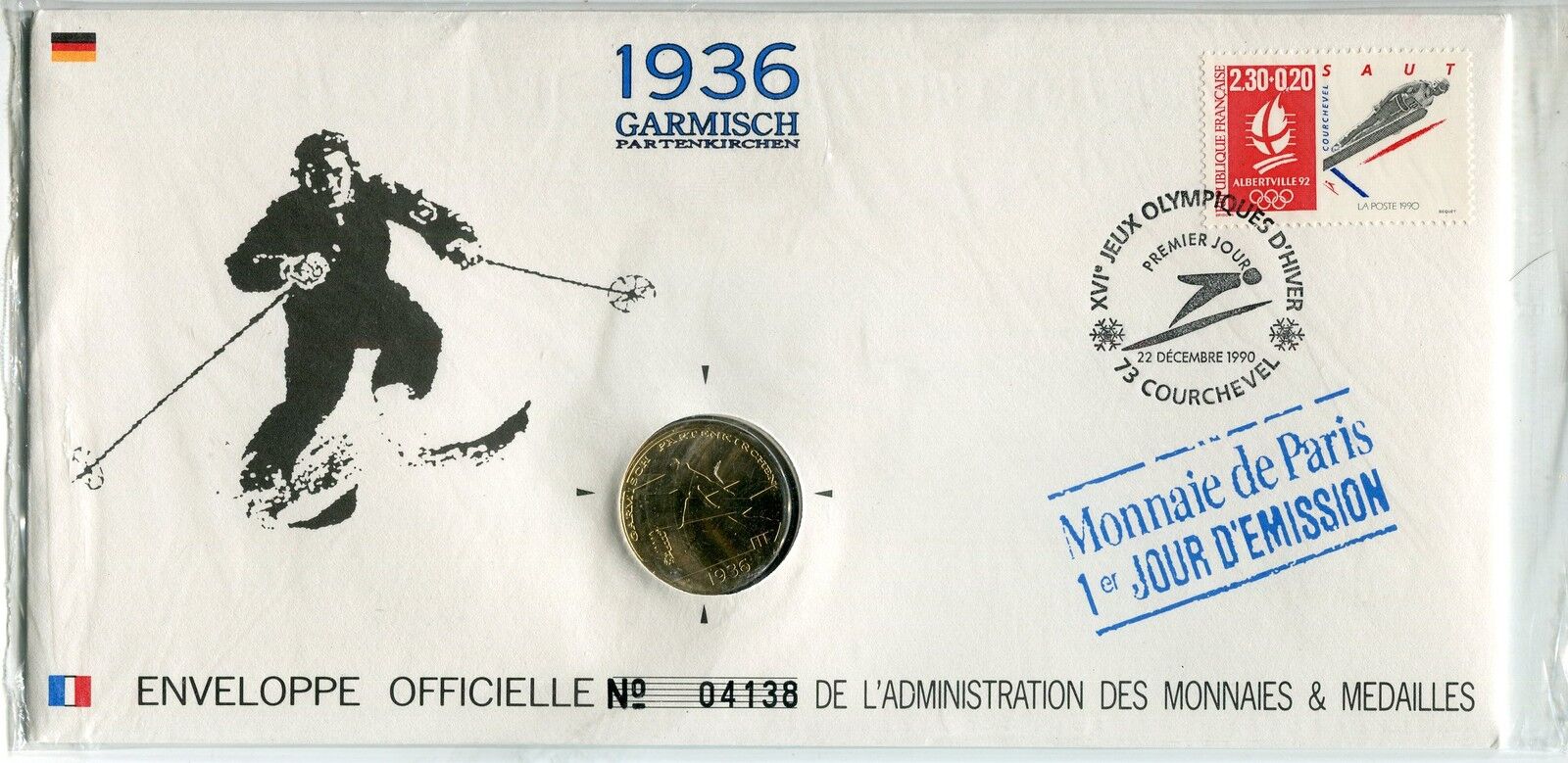 ENVELOPPE OFFICIELLE MONNAIE DE PARIS JO 1992 ALBERTVILLE 1936 GARMISH 401548468400