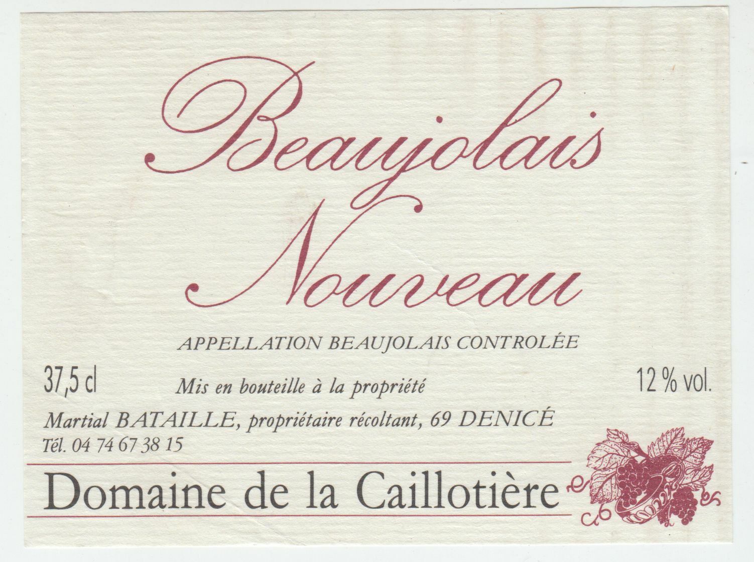 ETIQUETTE DE VIN BEAUJOLAIS NOUVEAU DOMAINE DE LA CAILLOTIERE MARTIAL BATAILLE 402695573030