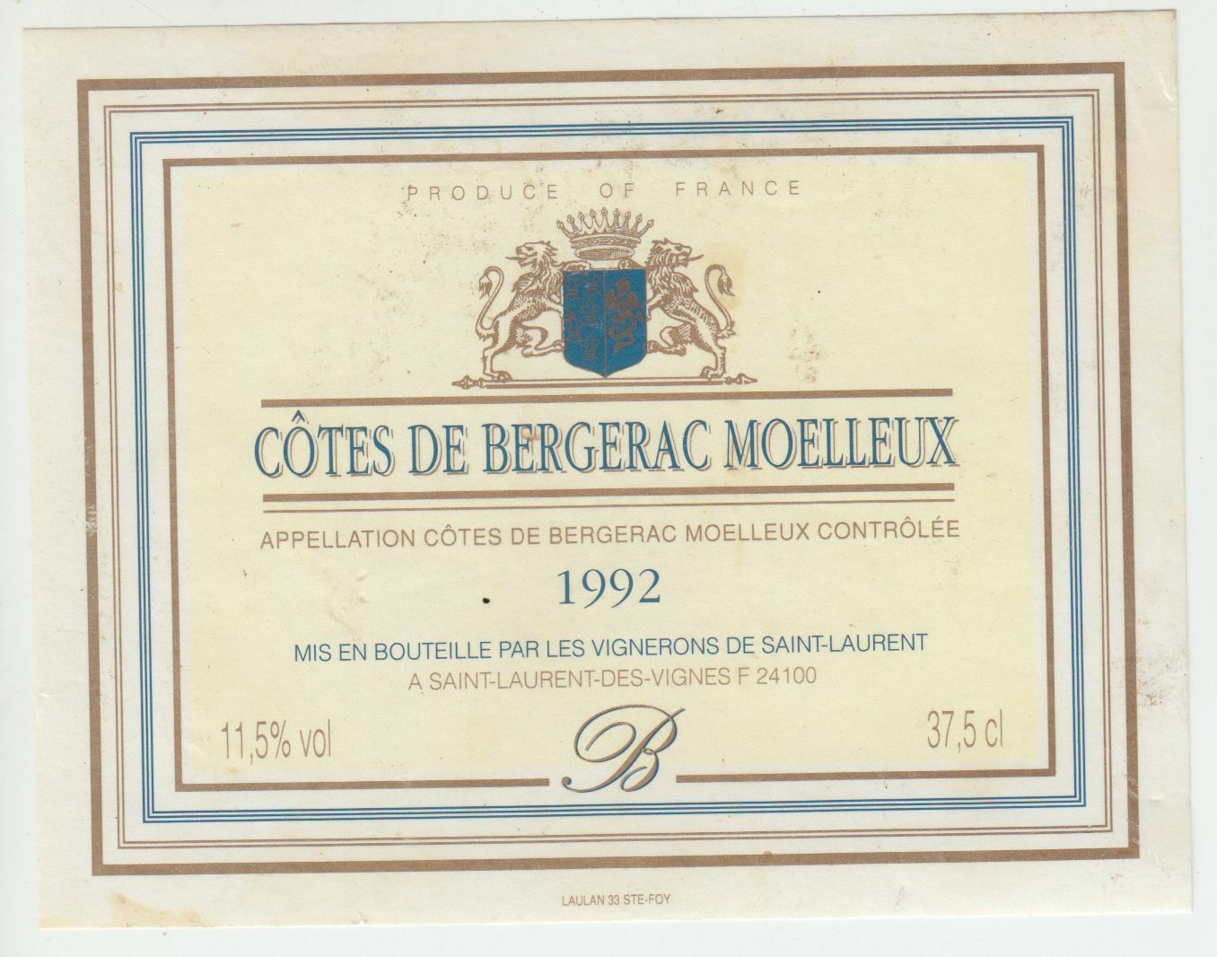 ETIQUETTE DE VIN BERGERAC COTE MOELLEUX 1992 124539262520