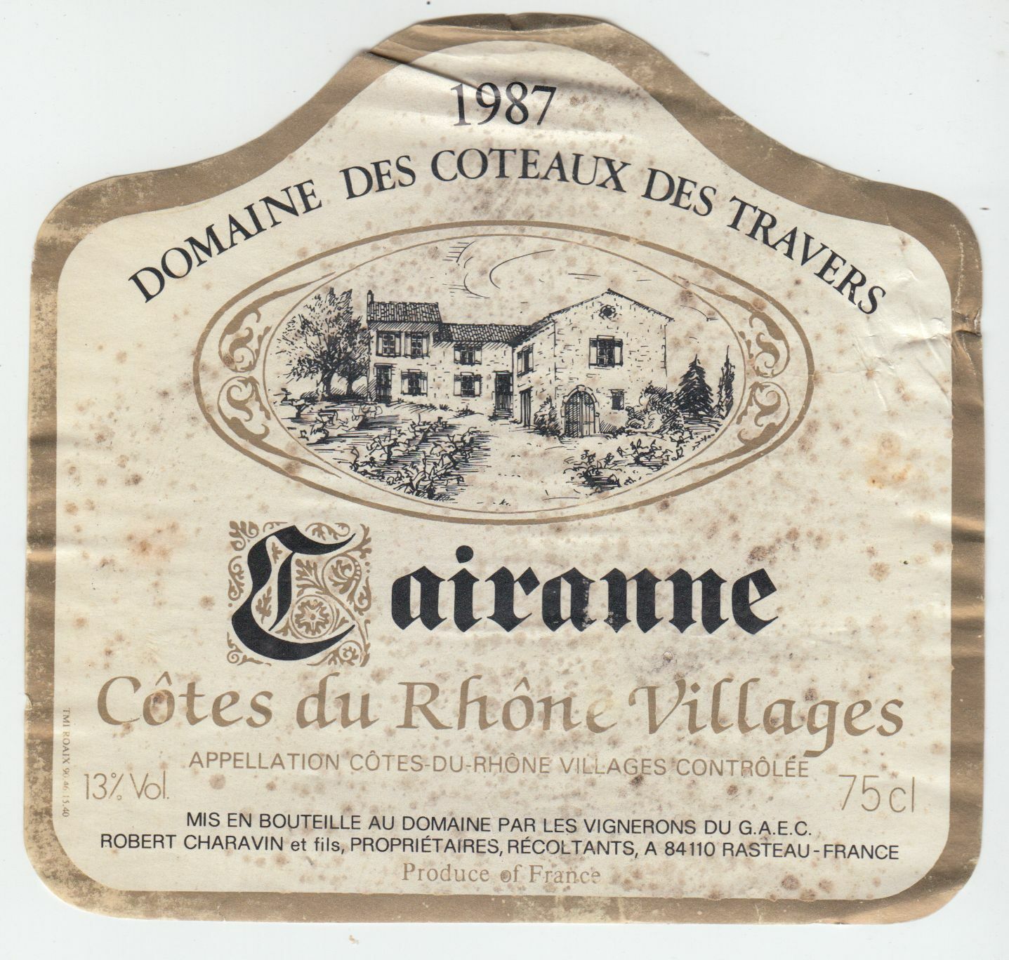 ETIQUETTE DE VIN BONS COTES DU RHONE VILLAGE 1987 DOMAINE DES COTEAUX DE TRAVERS 402581825530