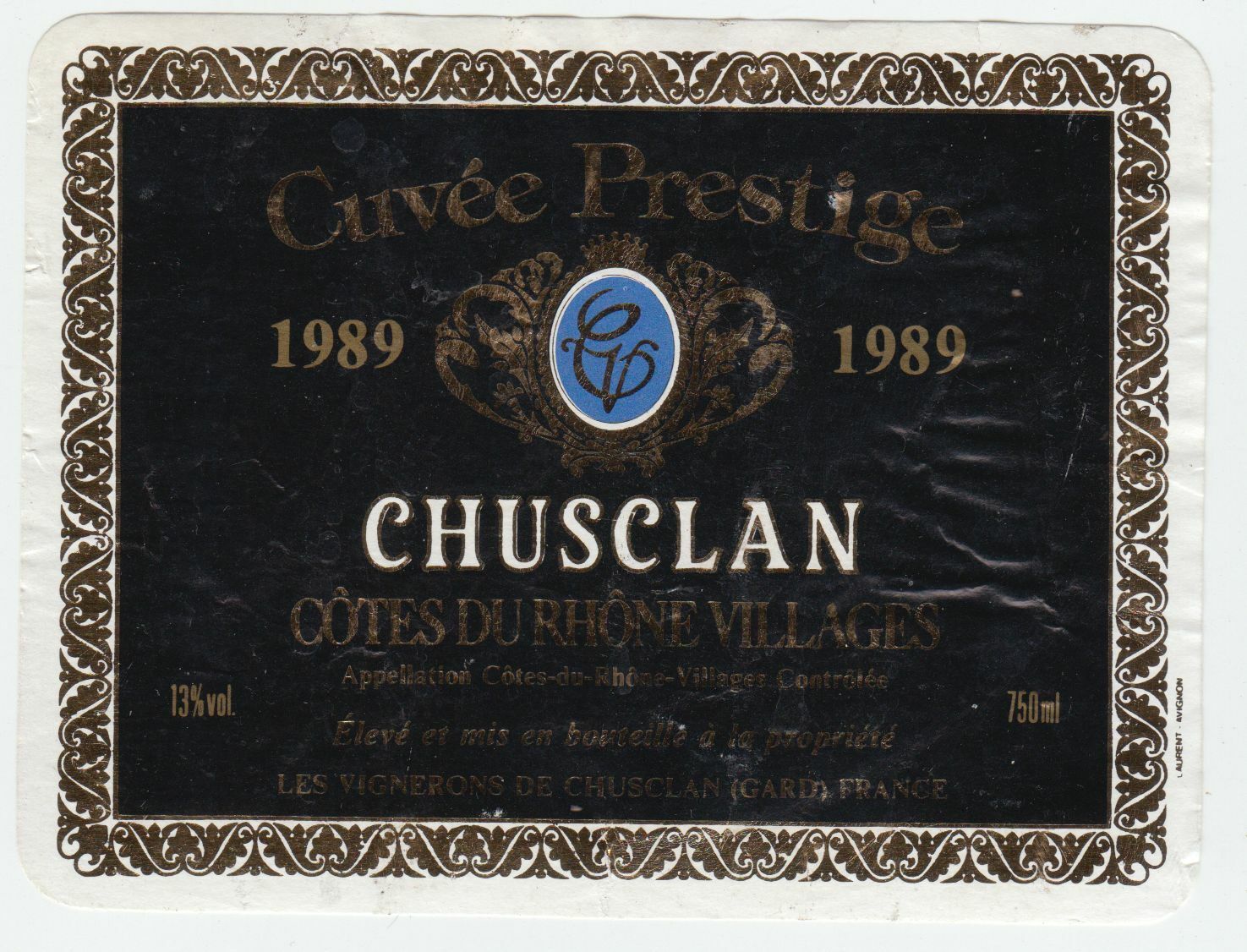 ETIQUETTE DE VIN BONS COTES DU RHONE VILLAGES 1989 CUVEE PRESTIGE CHUSCLAN 402581825560