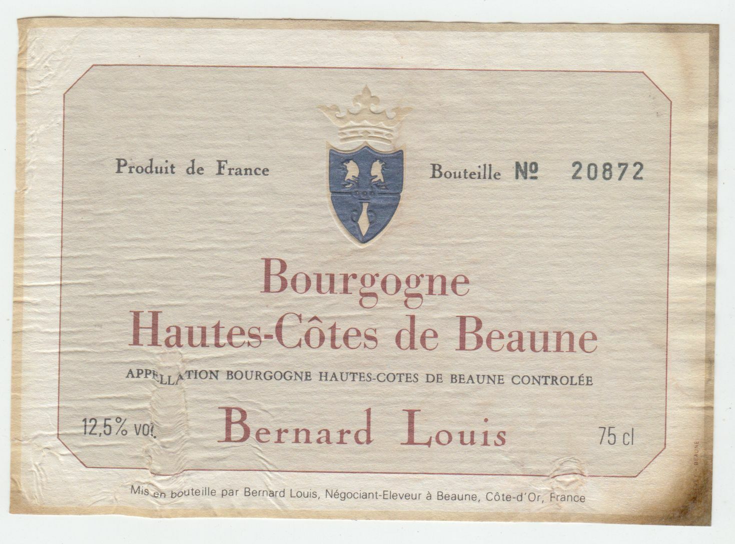 ETIQUETTE DE VIN BOURGOGNE HAUTES COTES DE BEAUNE BERNARD LOUIS 124555697020