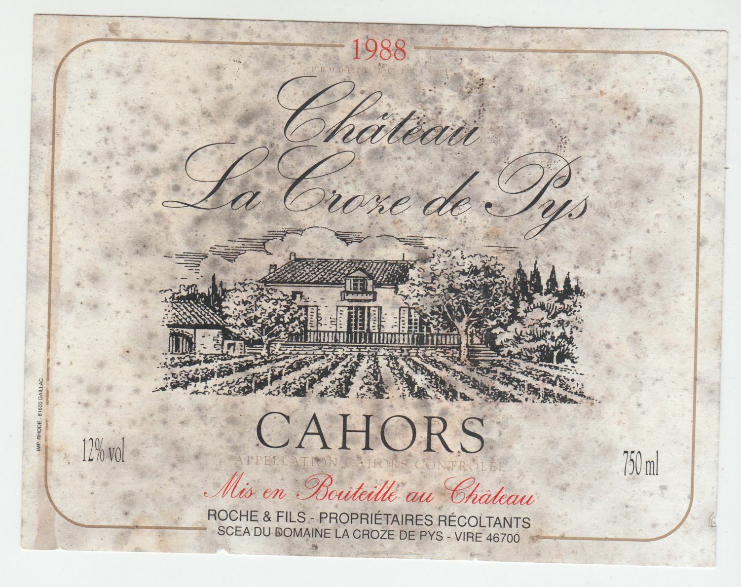 ETIQUETTE DE VIN CAHORS 1988 CHATEAU LA CROZE DE PYS 402669072110