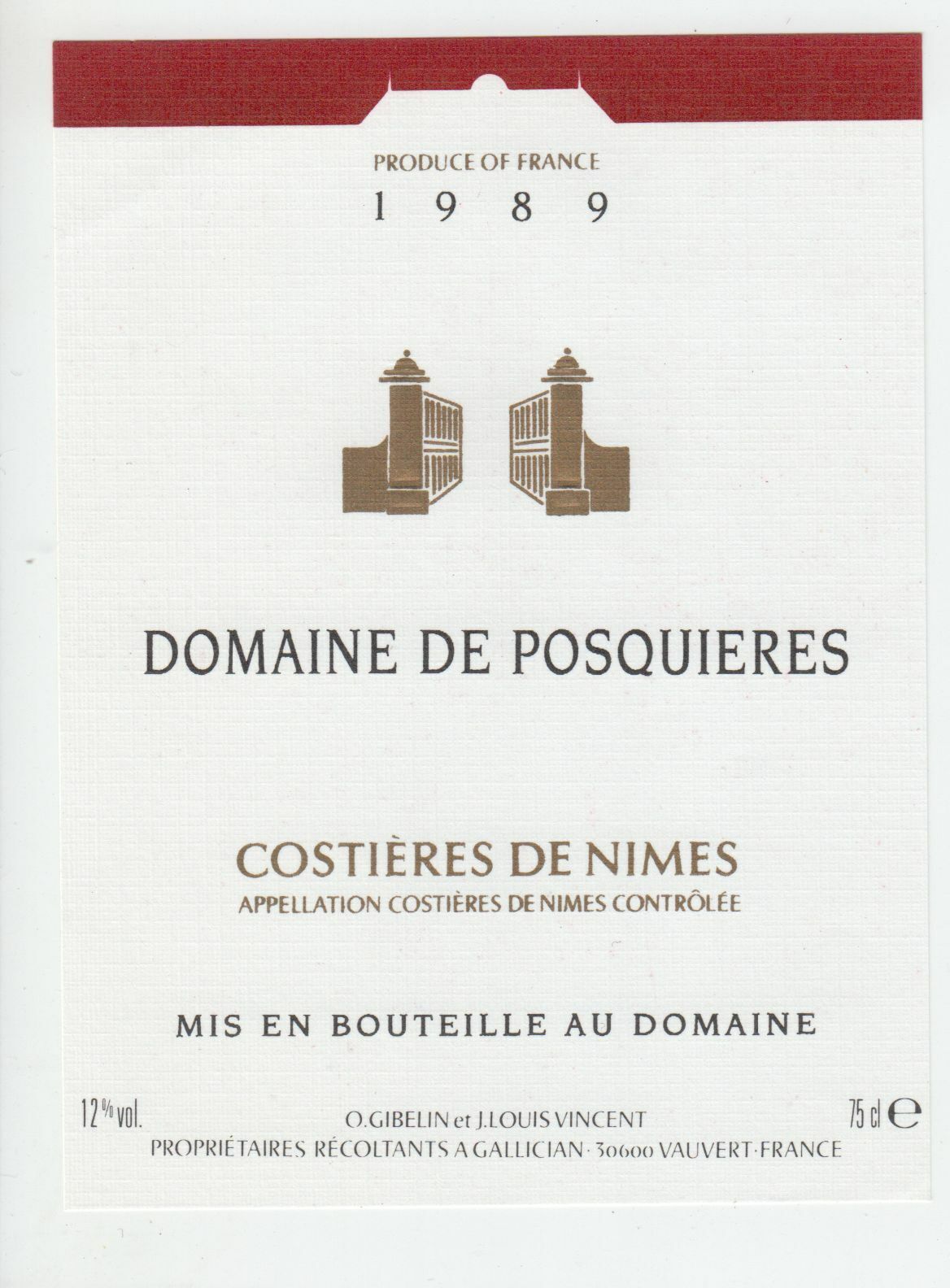 ETIQUETTE DE VIN COSTIERES DE NIMES 1989 DOMAINE DE POSQUIERES 124552112050