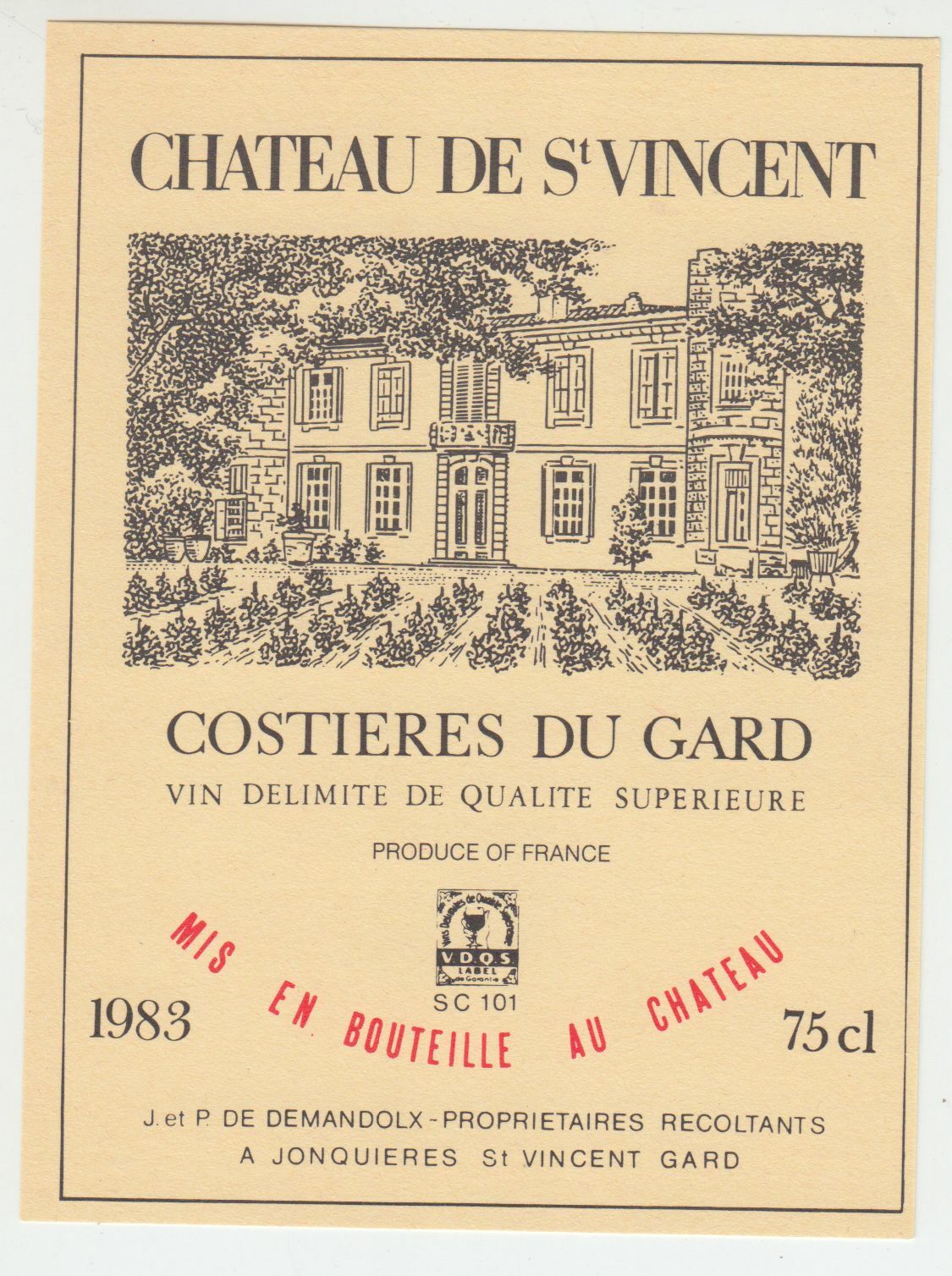 ETIQUETTE DE VIN COSTIERES DU GARD 1983 CHATEAU SAINT VINCENT 124539262560