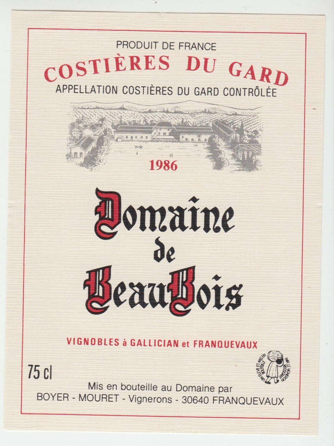 ETIQUETTE DE VIN COSTIERES DU GARD 1986 DOMAINE DE BEAUBOIS 402654737170