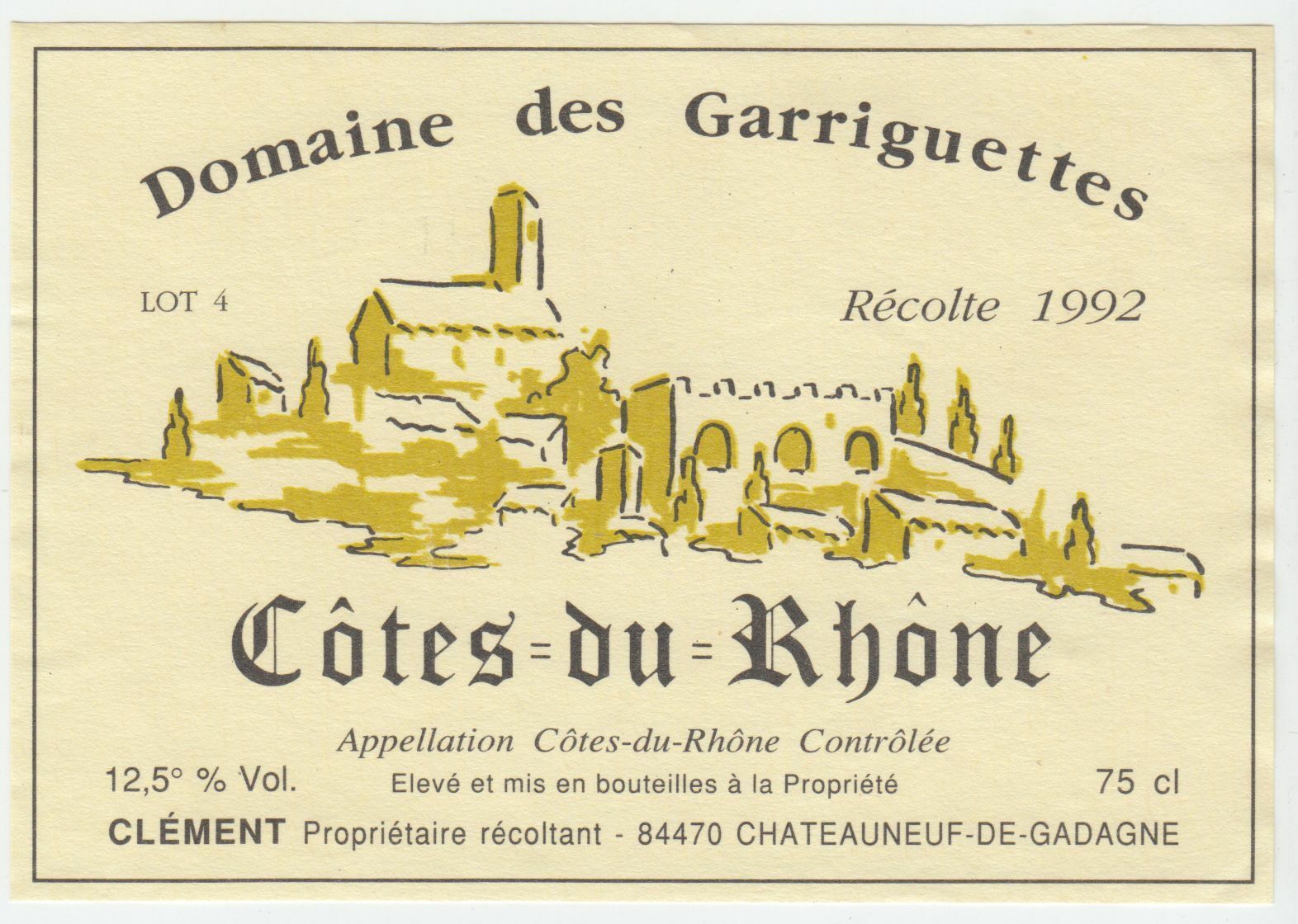 ETIQUETTE DE VIN COTES DU RHONE 1992 DOMAINE DES GARRIGUETTES 124461944740